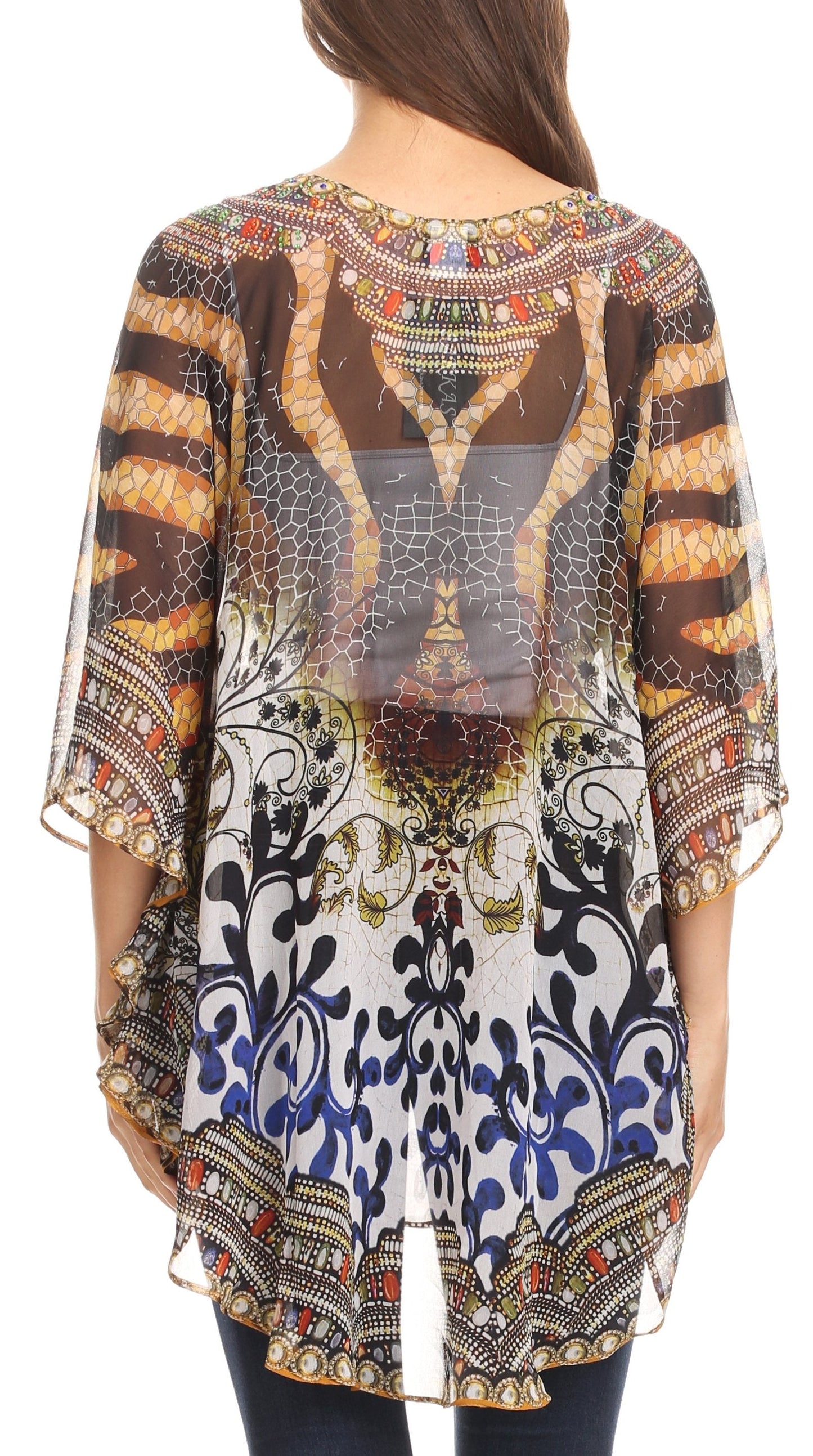 Sakkas Sloane Women's Printed V Neck Loose Fit Casual Circle Top Blouse with Ties - Concordia Style Boutique