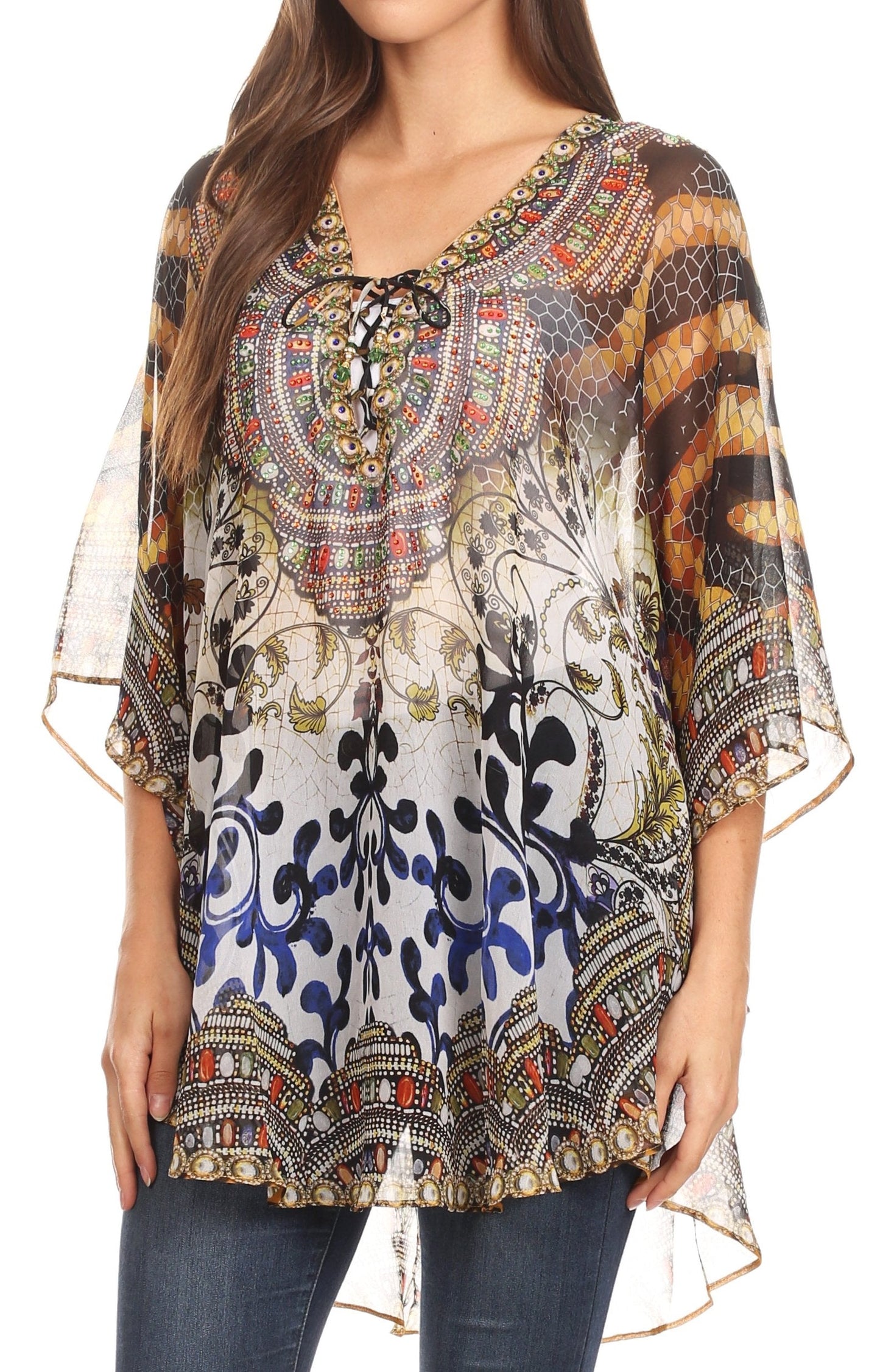Sakkas Sloane Women's Printed V Neck Loose Fit Casual Circle Top Blouse with Ties - Concordia Style Boutique