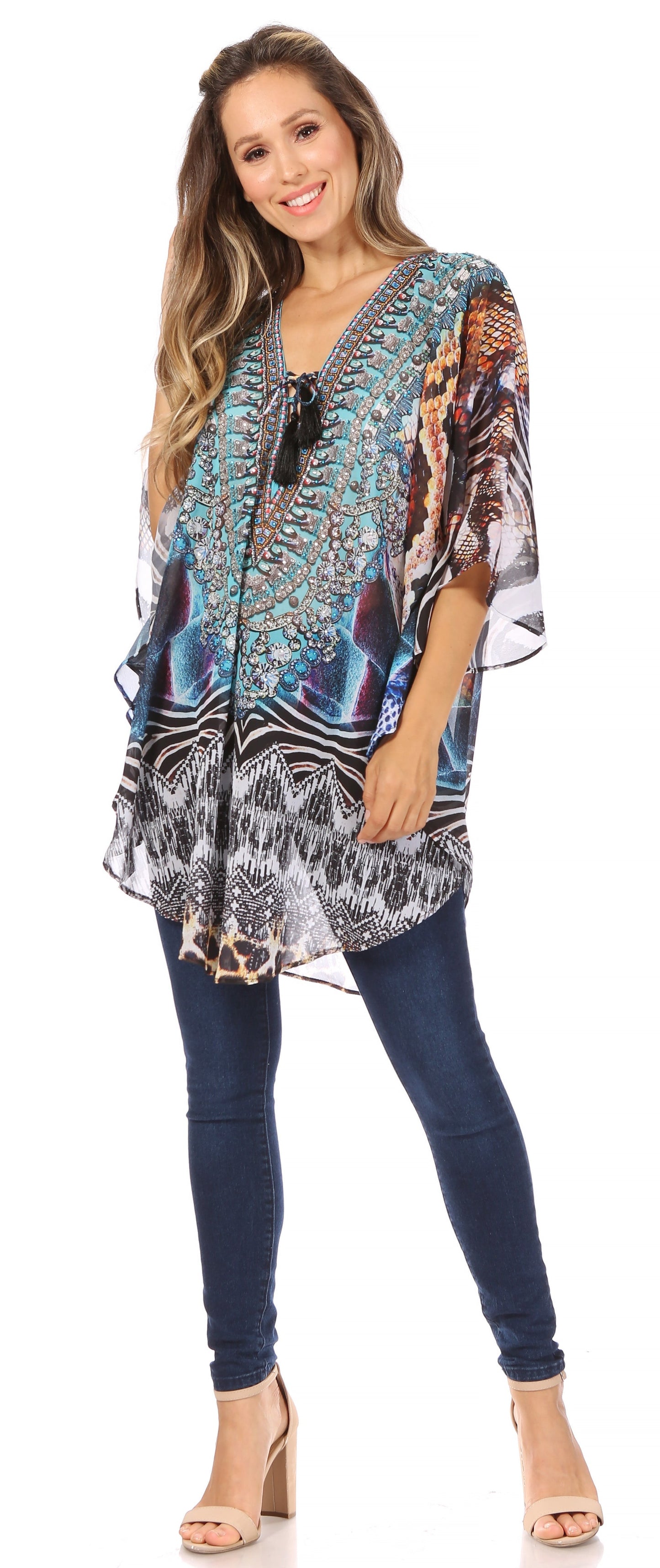 Sakkas Sloane Women's Printed V Neck Loose Fit Casual Circle Top Blouse with Ties - Concordia Style Boutique