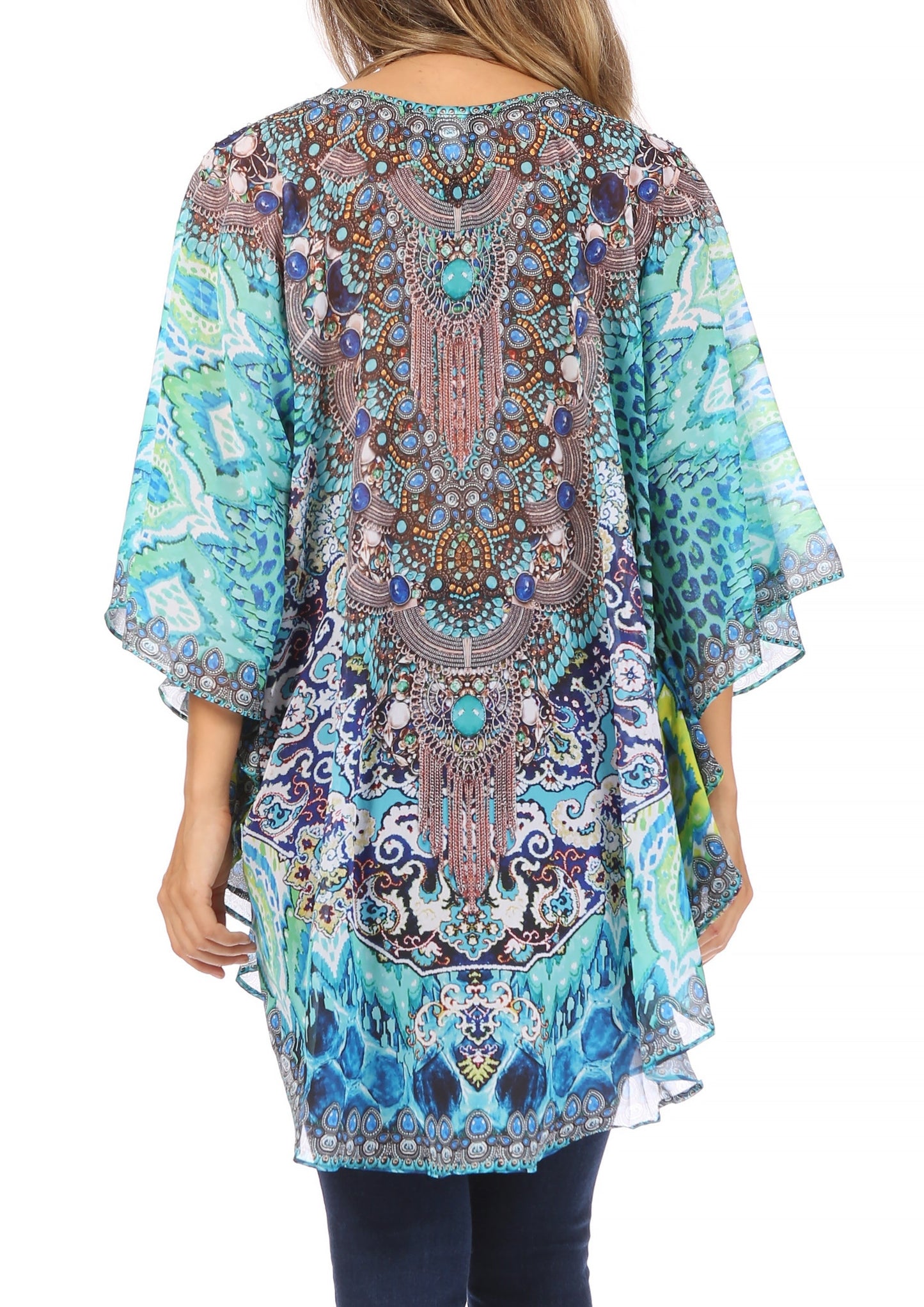 Sakkas Sloane Women's Printed V Neck Loose Fit Casual Circle Top Blouse with Ties - Concordia Style Boutique