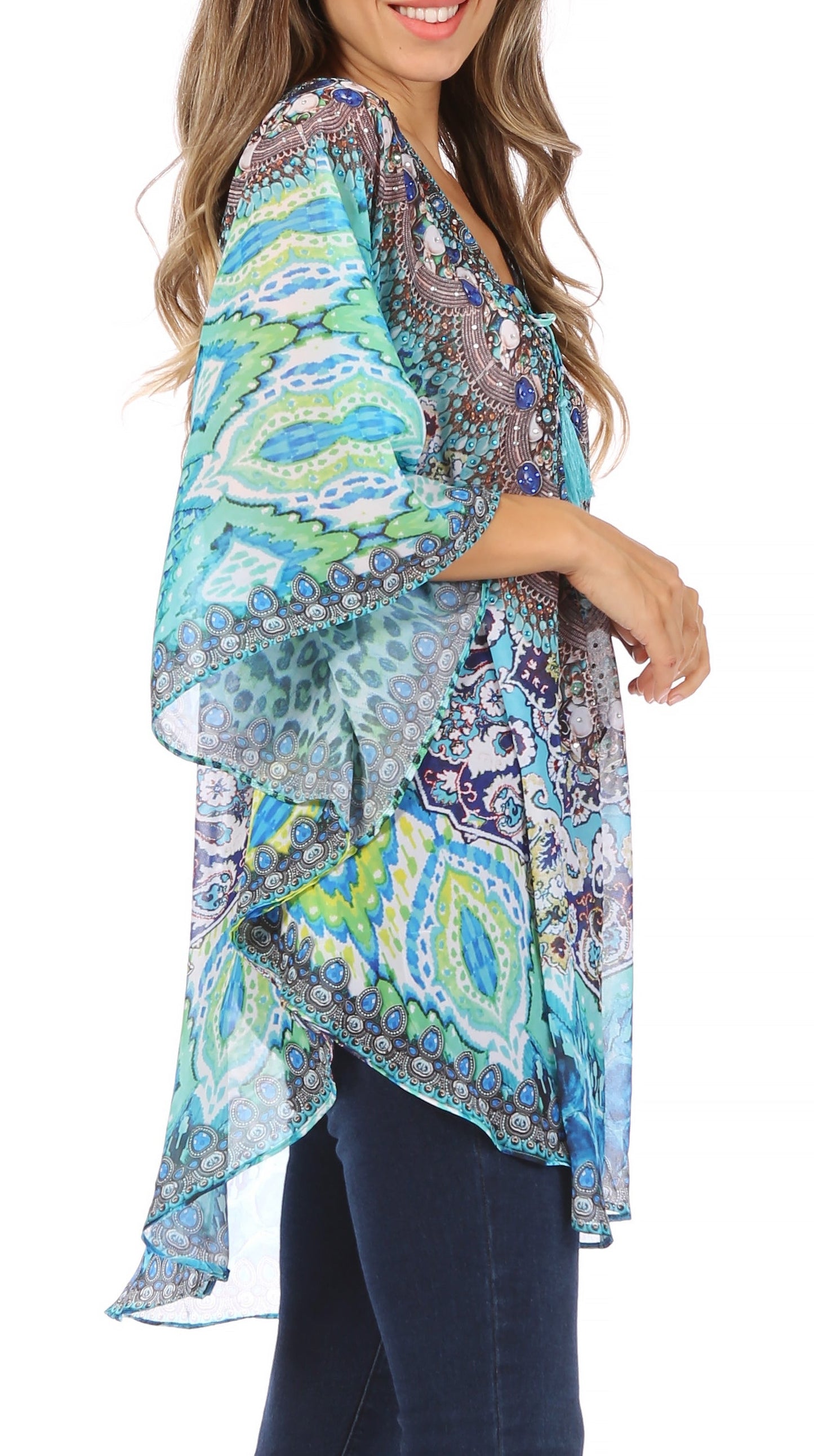 Sakkas Sloane Women's Printed V Neck Loose Fit Casual Circle Top Blouse with Ties - Concordia Style Boutique