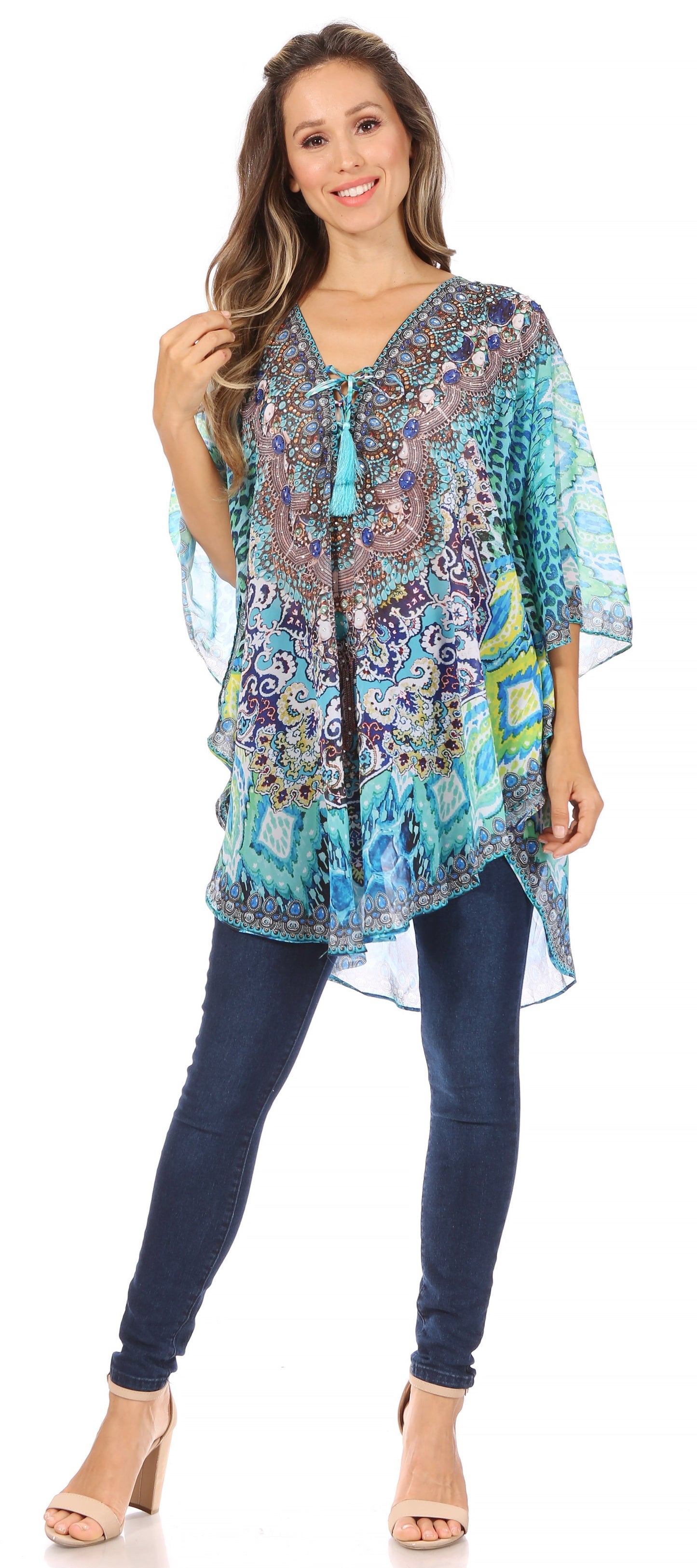 Sakkas Sloane Women's Printed V Neck Loose Fit Casual Circle Top Blouse with Ties - Concordia Style Boutique