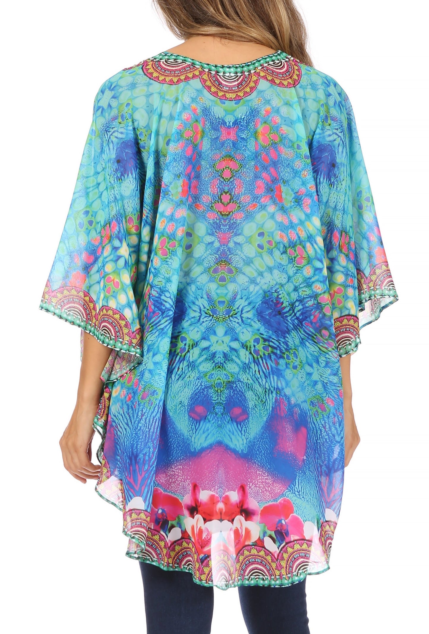 Sakkas Sloane Women's Printed V Neck Loose Fit Casual Circle Top Blouse with Ties - Concordia Style Boutique