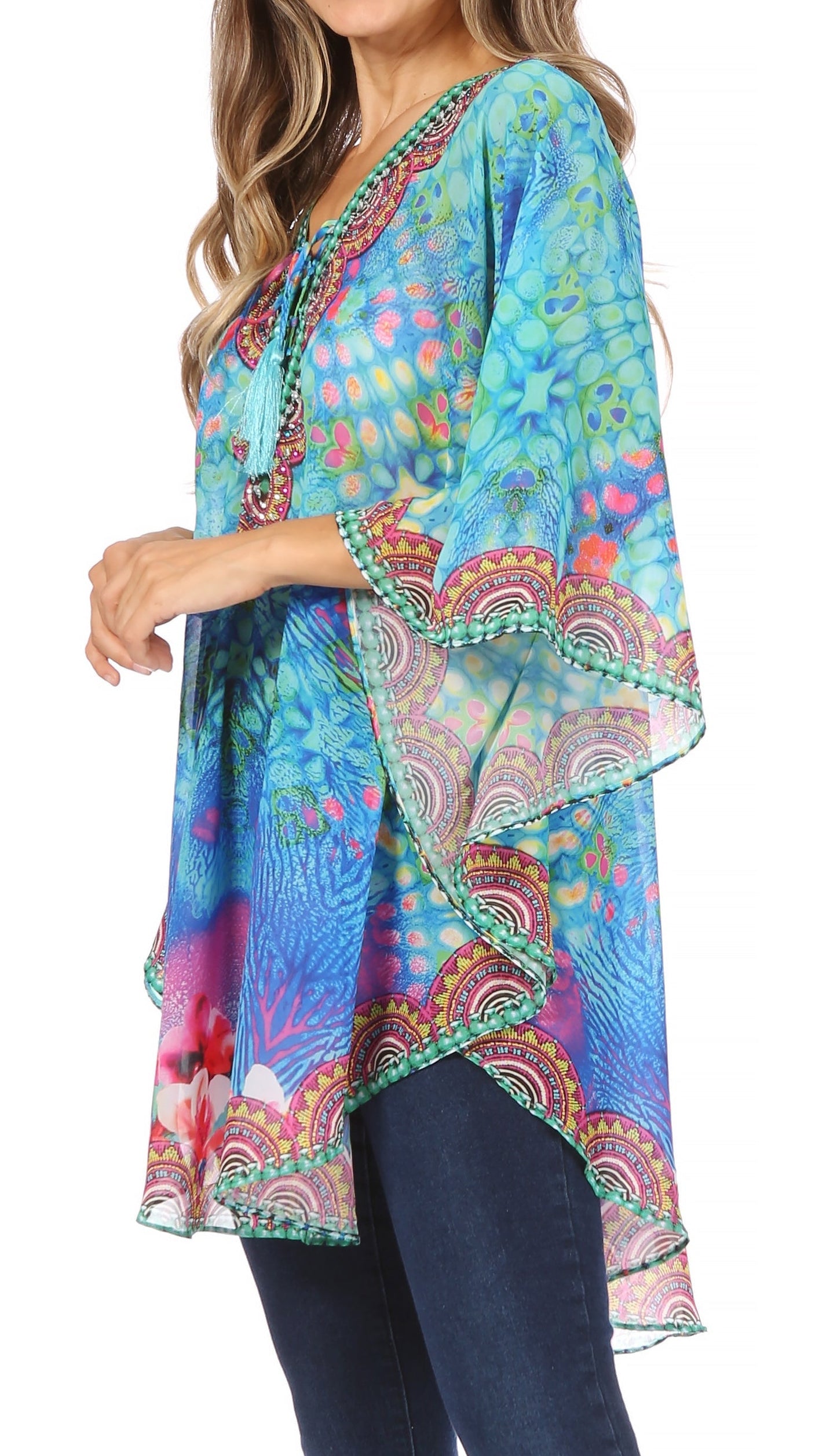Sakkas Sloane Women's Printed V Neck Loose Fit Casual Circle Top Blouse with Ties - Concordia Style Boutique