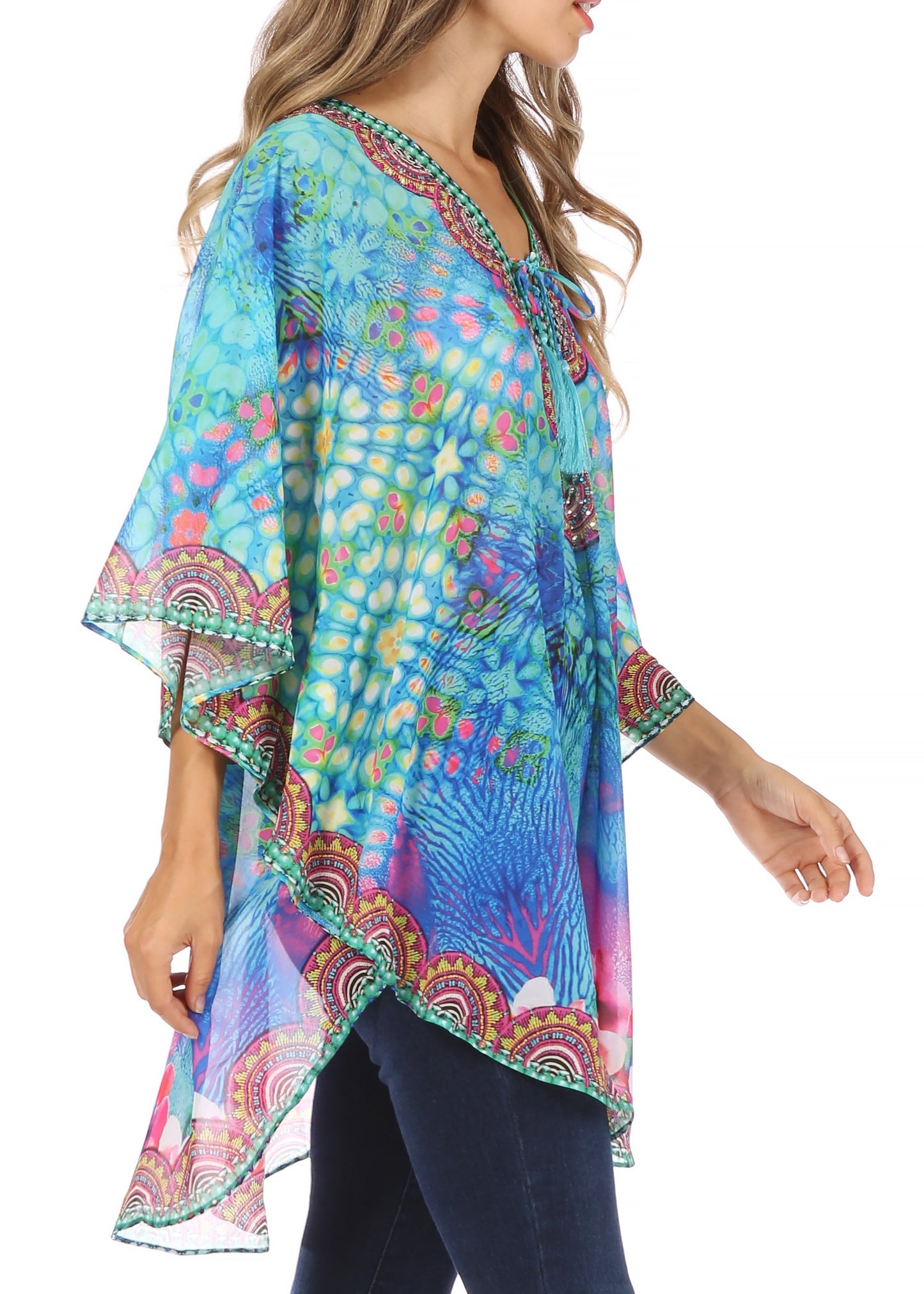 Sakkas Sloane Women's Printed V Neck Loose Fit Casual Circle Top Blouse with Ties - Concordia Style Boutique