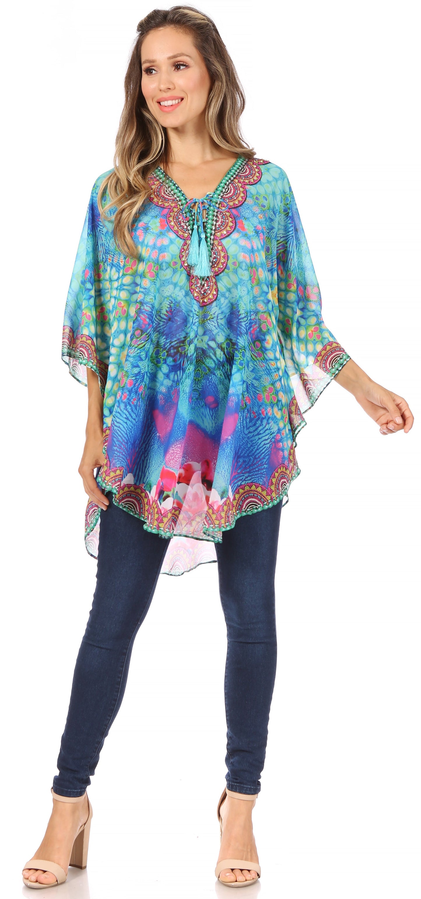 Sakkas Sloane Women's Printed V Neck Loose Fit Casual Circle Top Blouse with Ties - Concordia Style Boutique
