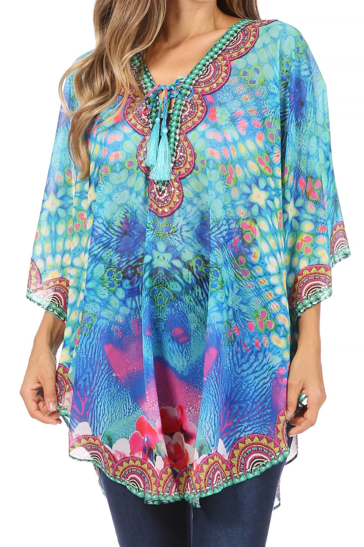 Sakkas Sloane Women's Printed V Neck Loose Fit Casual Circle Top Blouse with Ties - Concordia Style Boutique