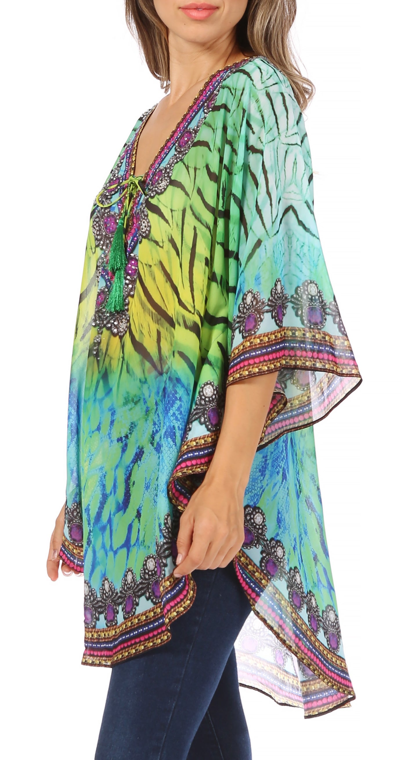 Sakkas Sloane Women's Printed V Neck Loose Fit Casual Circle Top Blouse with Ties - Concordia Style Boutique
