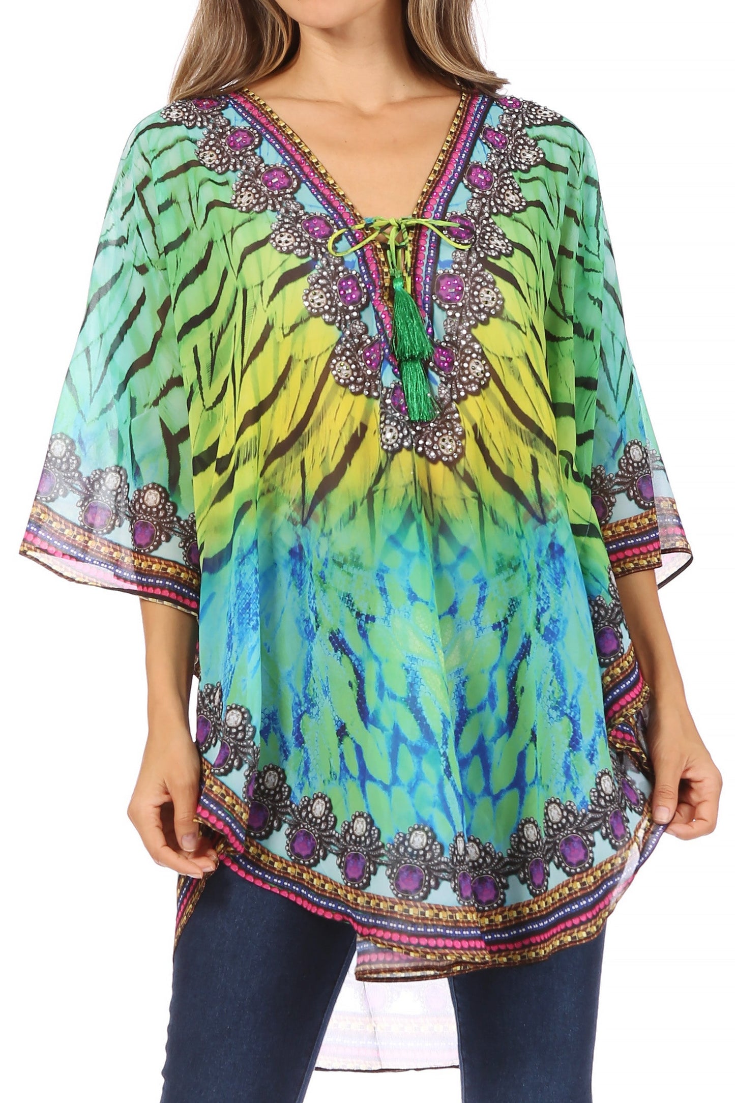 Sakkas Sloane Women's Printed V Neck Loose Fit Casual Circle Top Blouse with Ties - Concordia Style Boutique