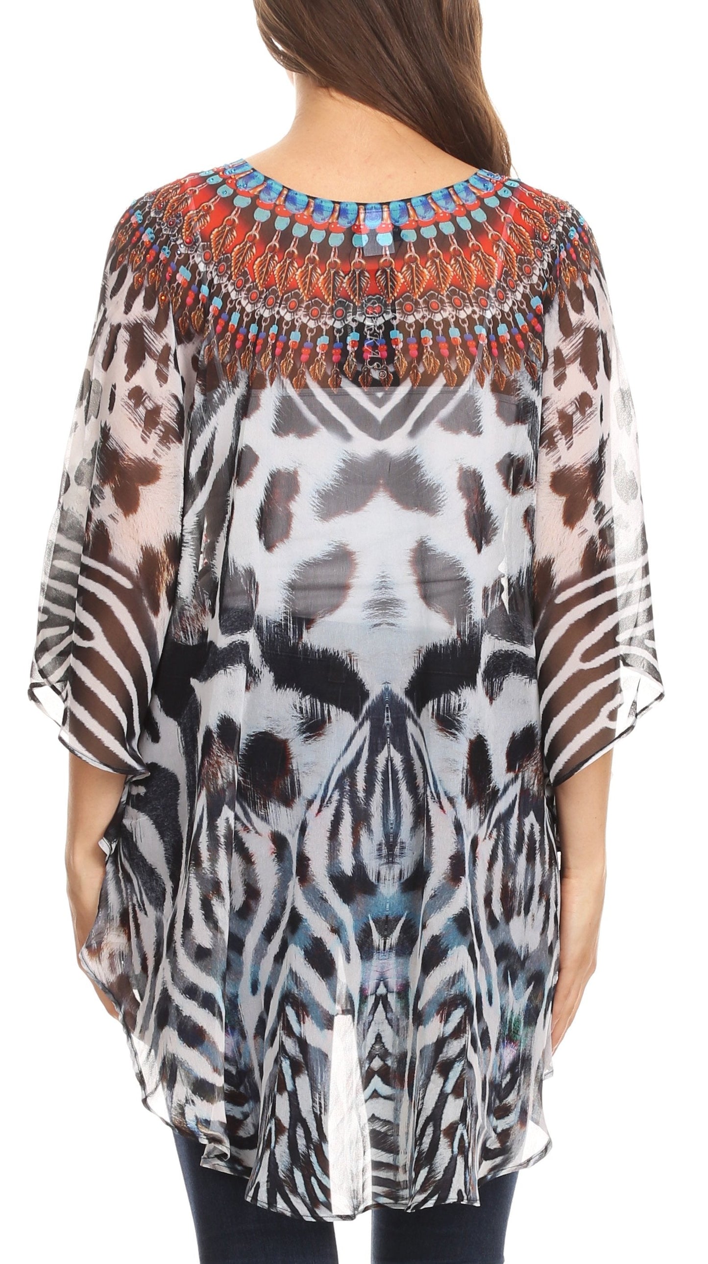 Sakkas Sloane Women's Printed V Neck Loose Fit Casual Circle Top Blouse with Ties - Concordia Style Boutique