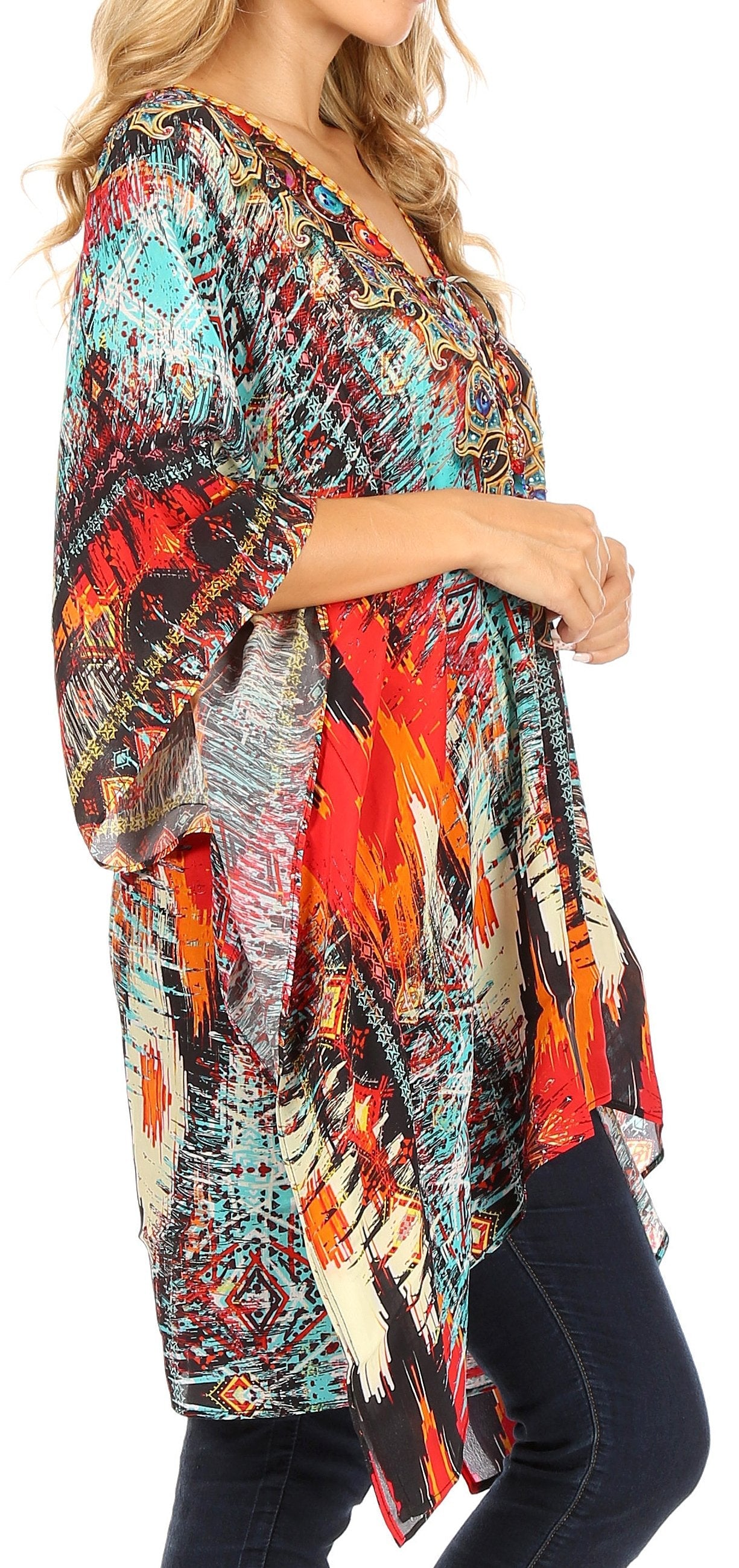 Stylish Rhinestone Lace-Up V-Neck Women's Caftan Poncho Cover-Up by Sakkas Aymee - Concordia Style Boutique