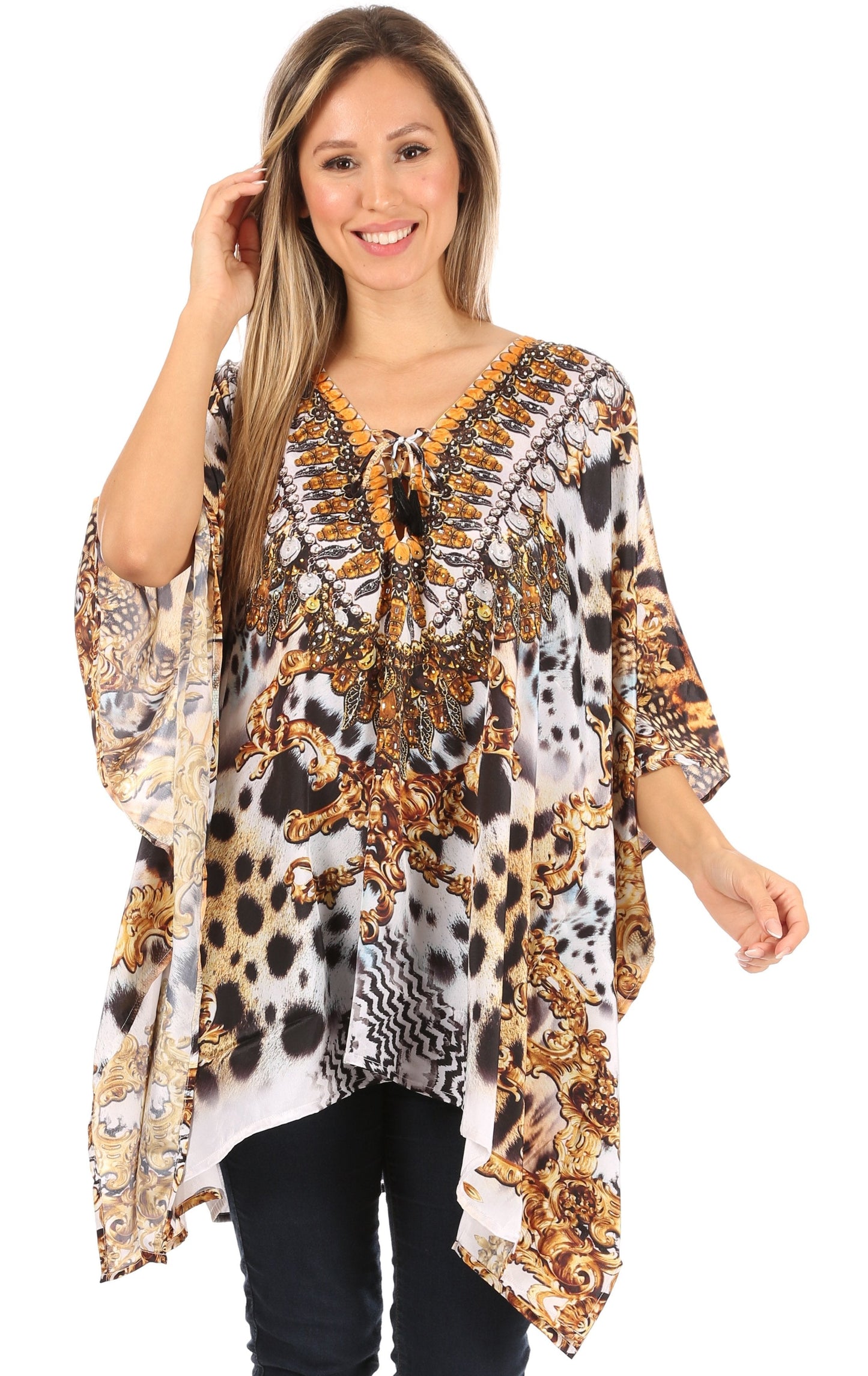 Stylish Rhinestone Lace-Up V-Neck Women's Caftan Poncho Cover-Up by Sakkas Aymee - Concordia Style Boutique