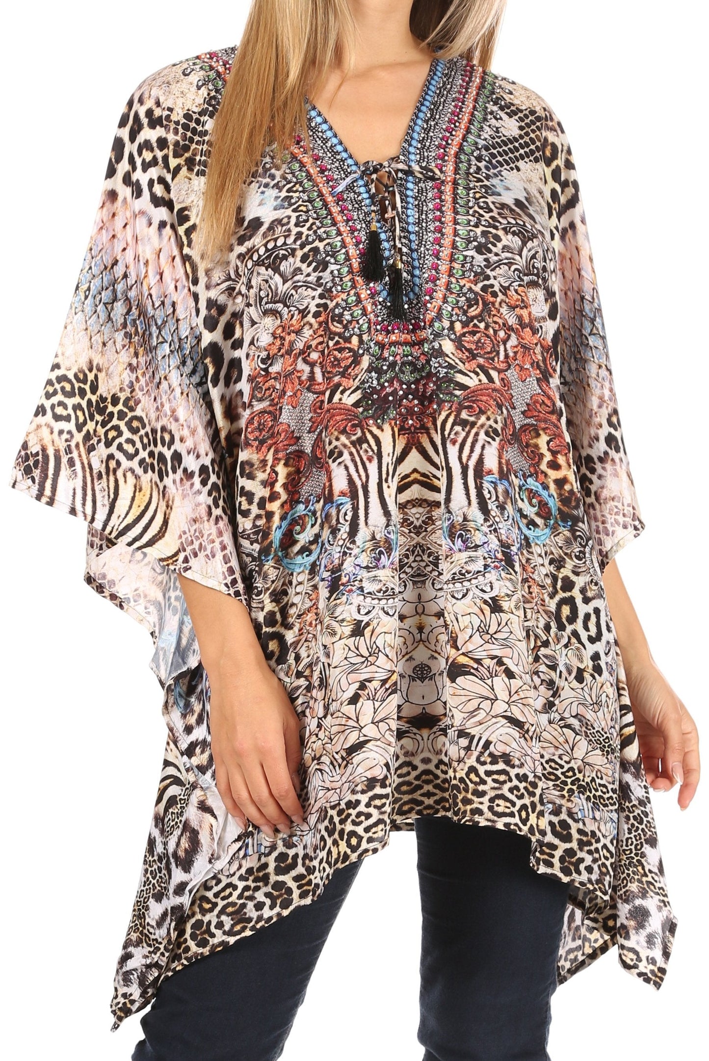 Stylish Rhinestone Lace-Up V-Neck Women's Caftan Poncho Cover-Up by Sakkas Aymee - Concordia Style Boutique
