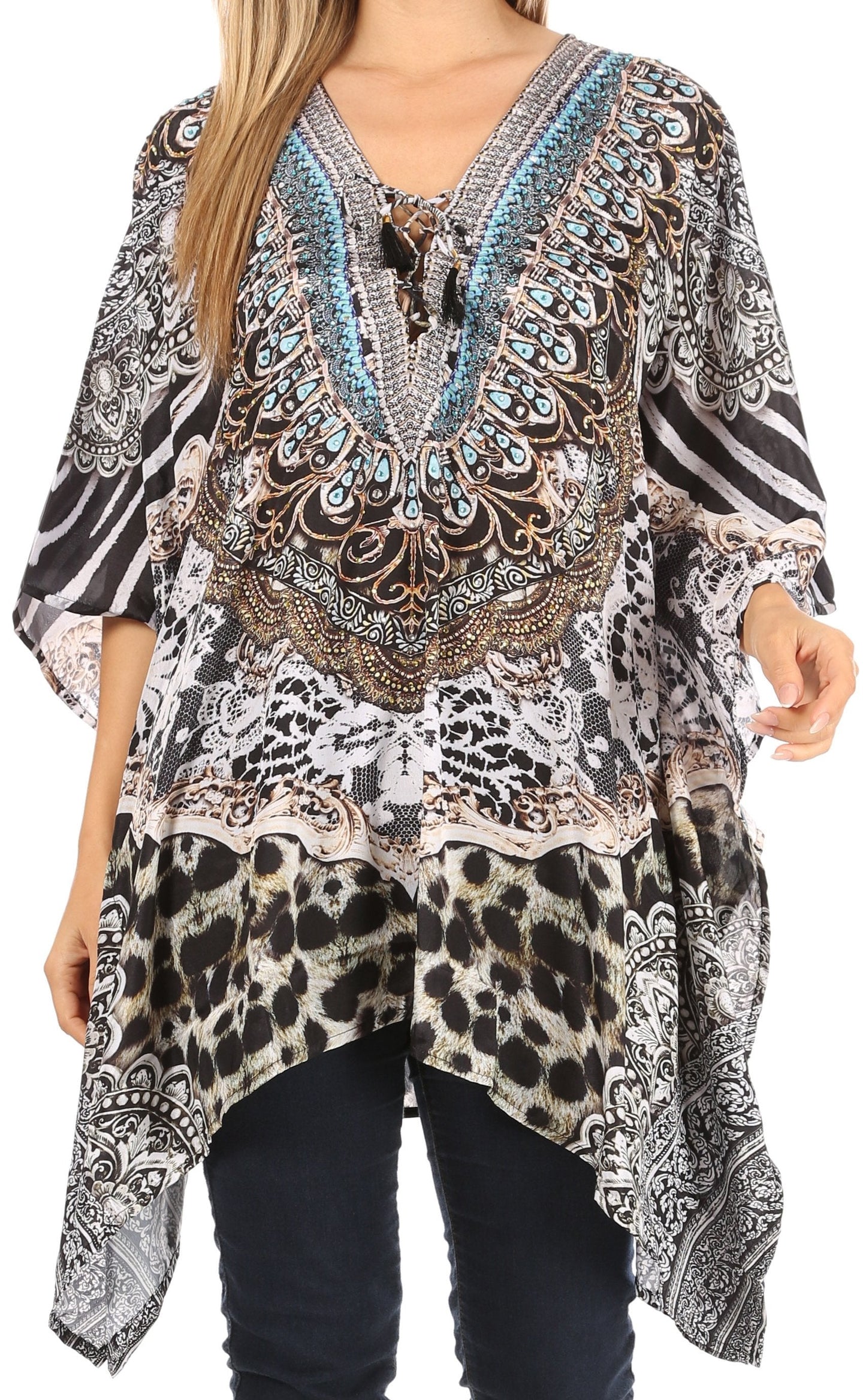 Stylish Rhinestone Lace-Up V-Neck Women's Caftan Poncho Cover-Up by Sakkas Aymee - Concordia Style Boutique