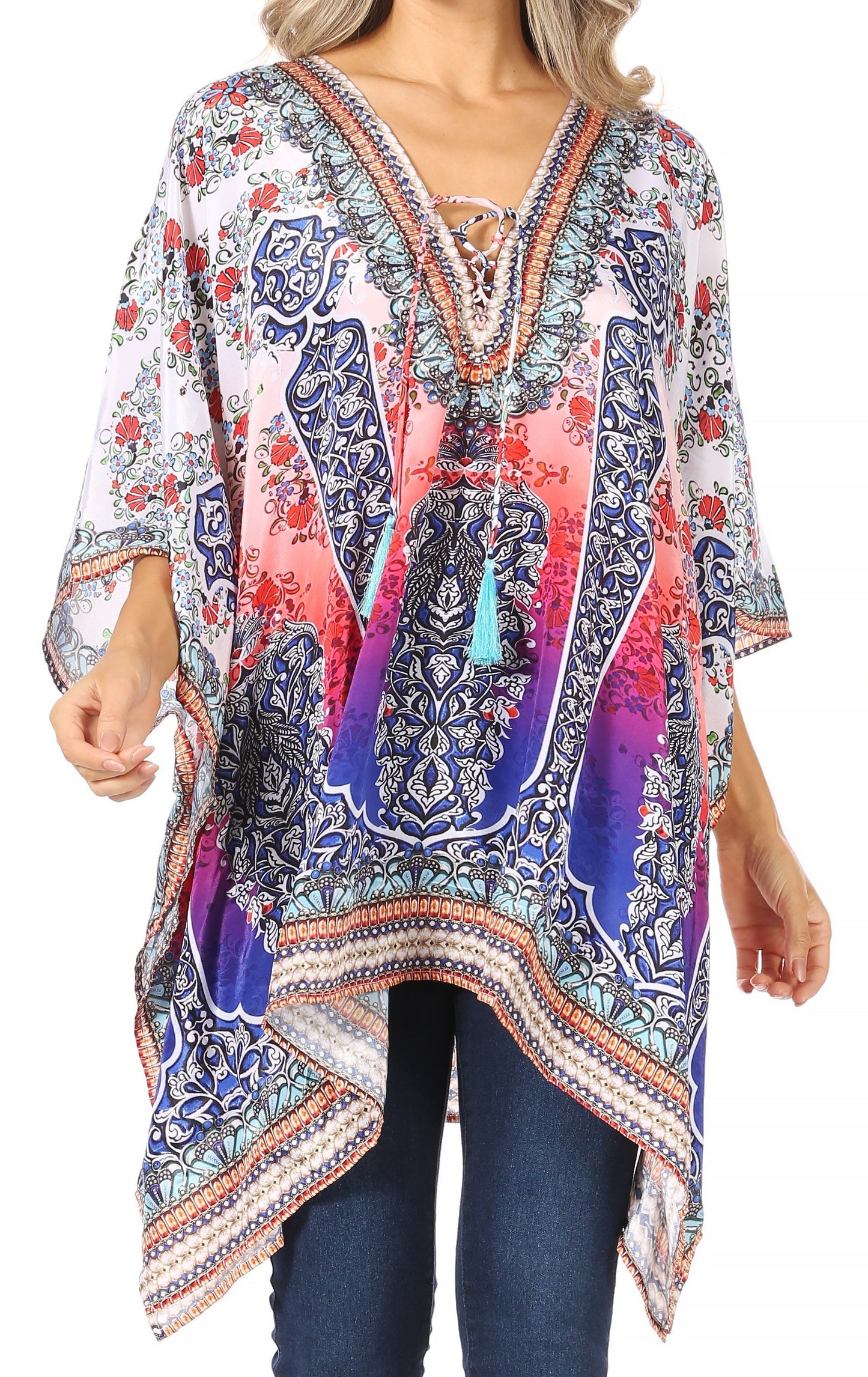Stylish Rhinestone Lace-Up V-Neck Women's Caftan Poncho Cover-Up by Sakkas Aymee - Concordia Style Boutique