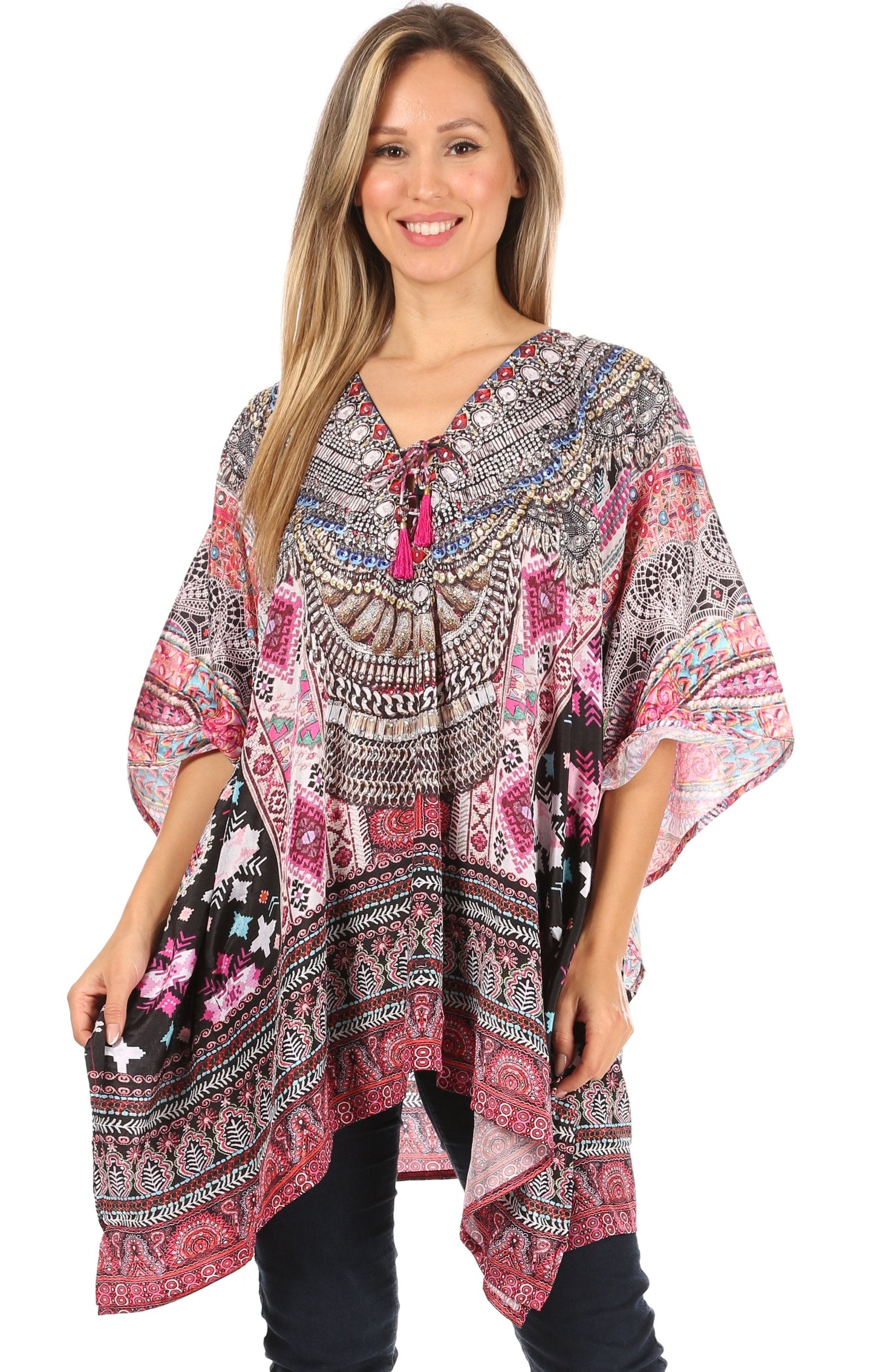 Stylish Rhinestone Lace-Up V-Neck Women's Caftan Poncho Cover-Up by Sakkas Aymee - Concordia Style Boutique