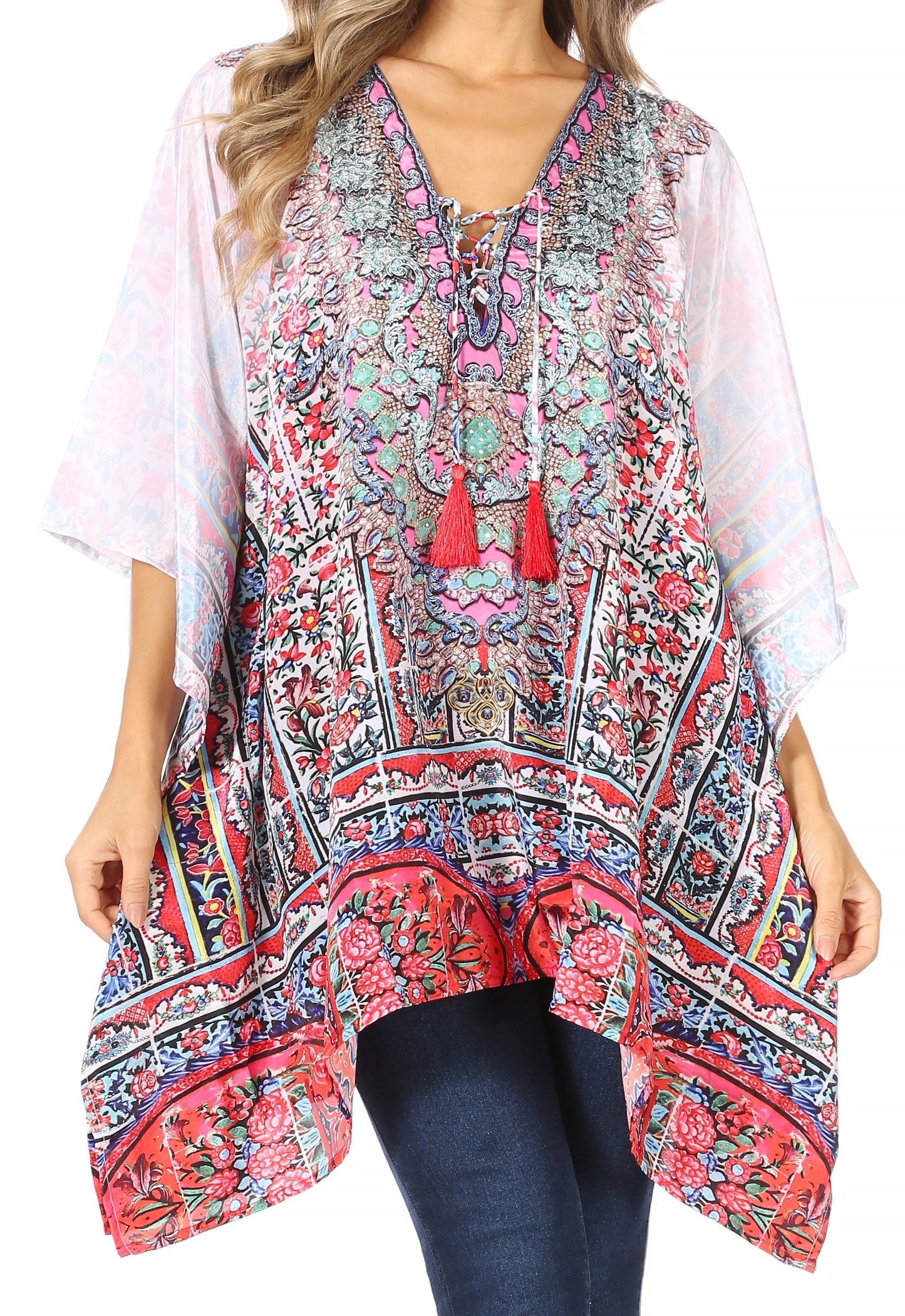 Stylish Rhinestone Lace-Up V-Neck Women's Caftan Poncho Cover-Up by Sakkas Aymee - Concordia Style Boutique