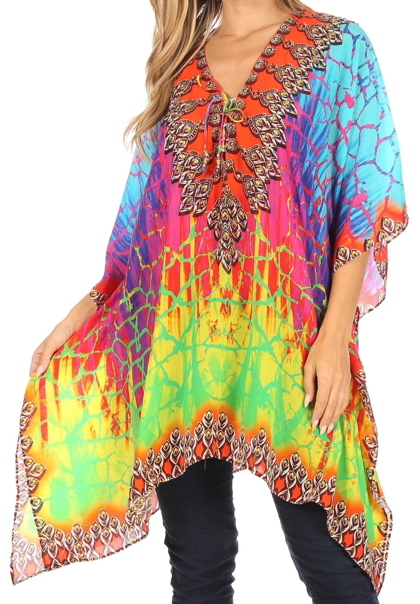 Stylish Rhinestone Lace-Up V-Neck Women's Caftan Poncho Cover-Up by Sakkas Aymee - Concordia Style Boutique