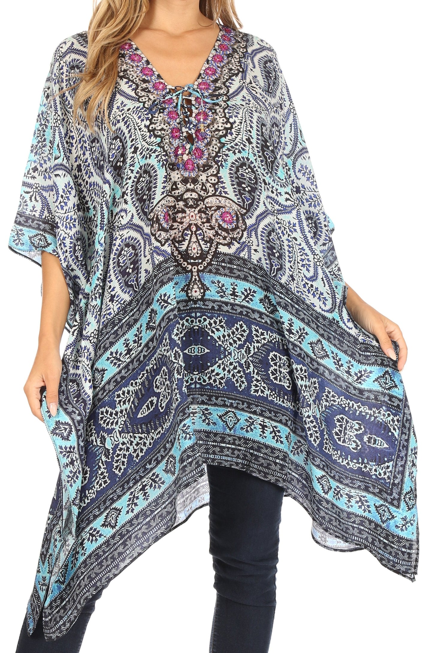 Stylish Rhinestone Lace-Up V-Neck Women's Caftan Poncho Cover-Up by Sakkas Aymee - Concordia Style Boutique