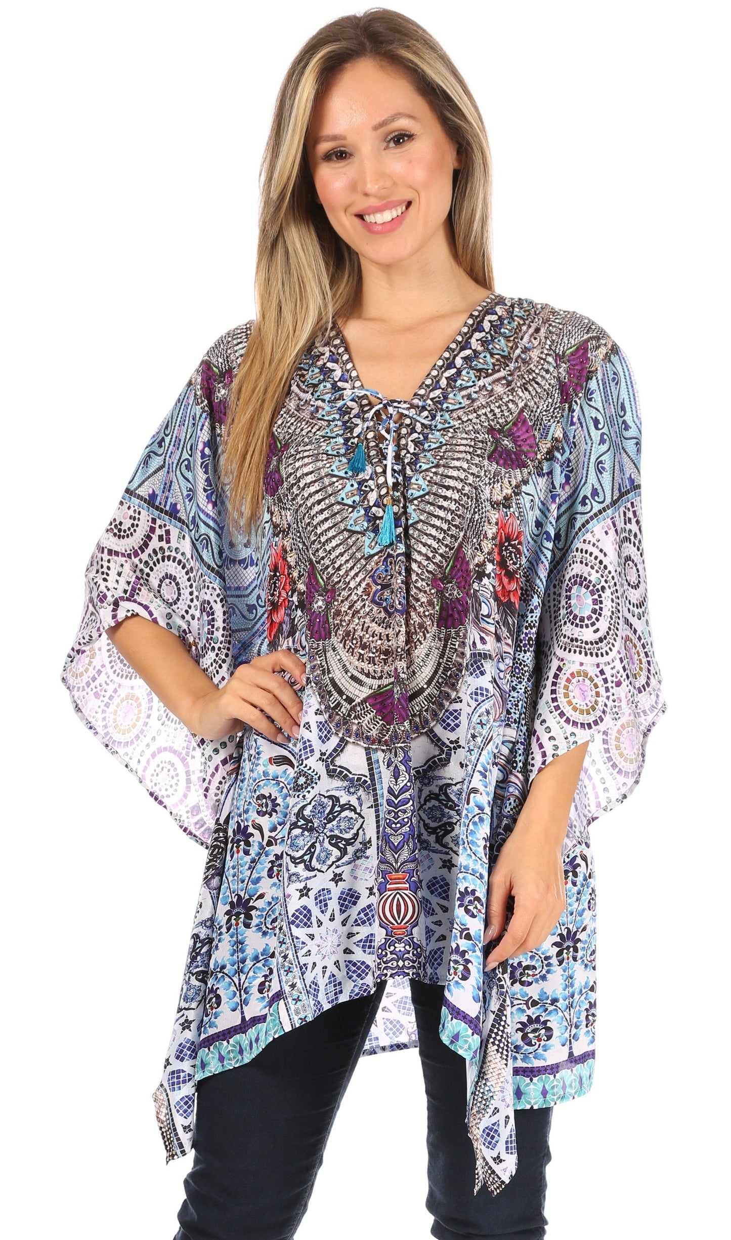 Stylish Rhinestone Lace-Up V-Neck Women's Caftan Poncho Cover-Up by Sakkas Aymee - Concordia Style Boutique