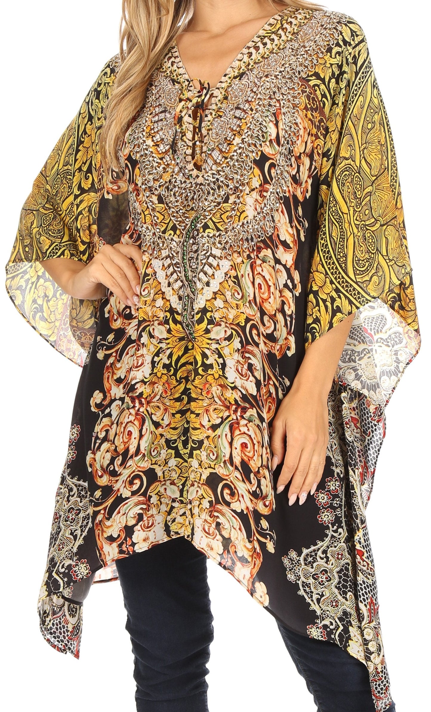 Stylish Rhinestone Lace-Up V-Neck Women's Caftan Poncho Cover-Up by Sakkas Aymee - Concordia Style Boutique