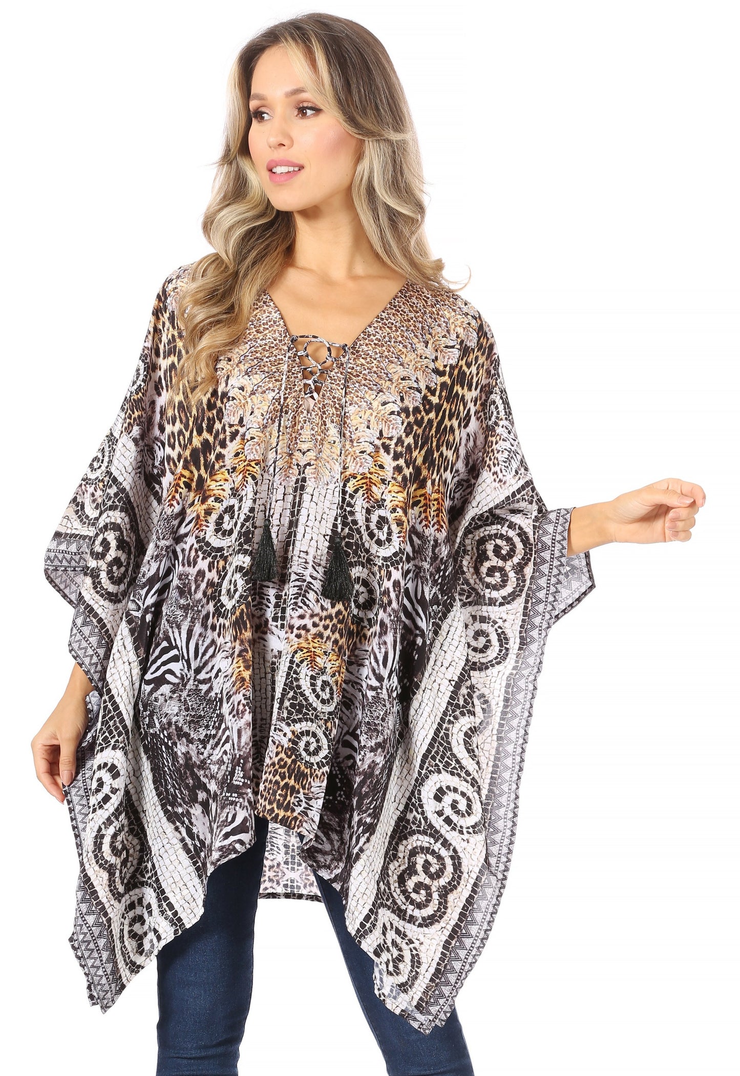 Stylish Rhinestone Lace-Up V-Neck Women's Caftan Poncho Cover-Up by Sakkas Aymee - Concordia Style Boutique