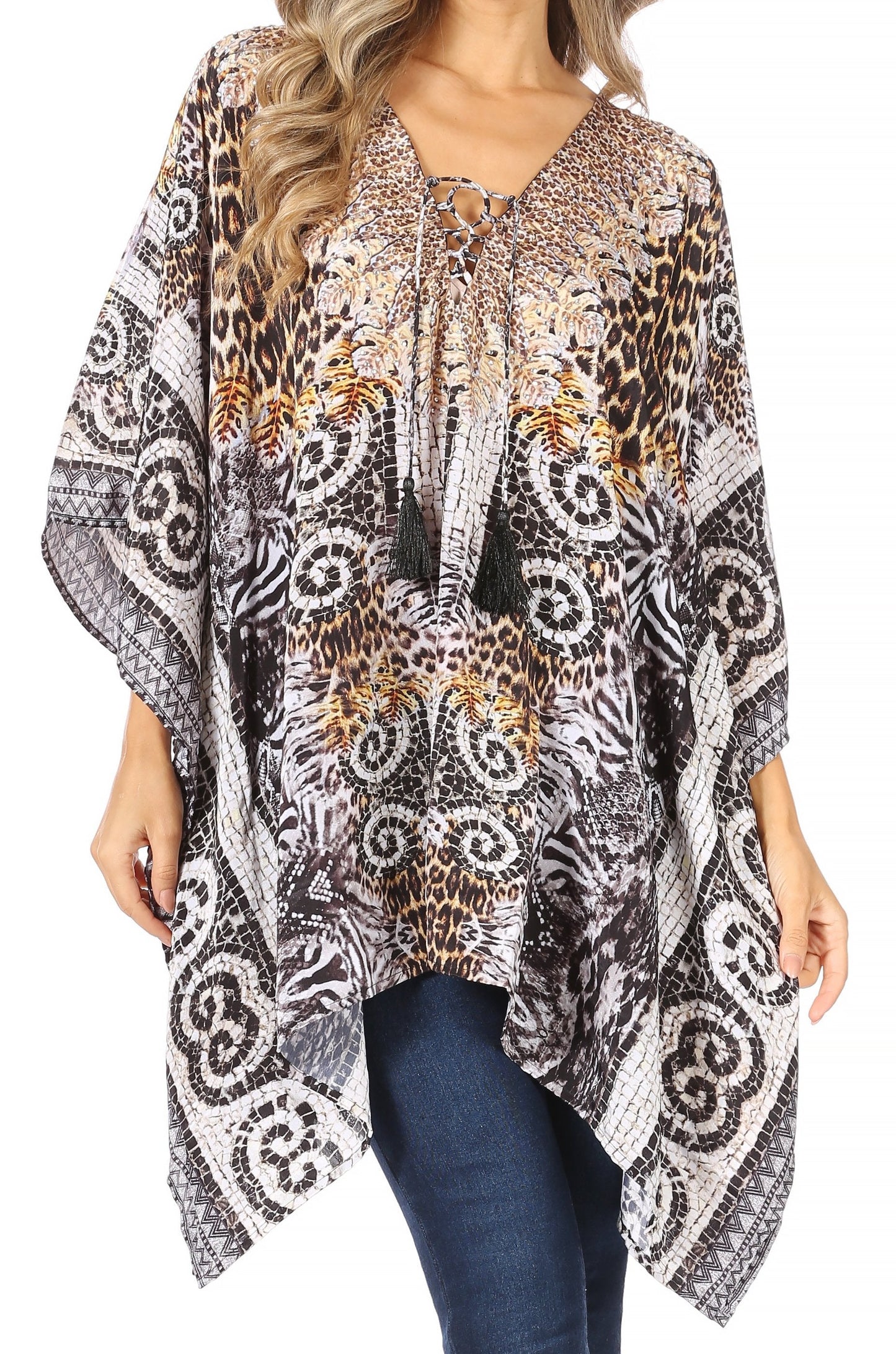 Stylish Rhinestone Lace-Up V-Neck Women's Caftan Poncho Cover-Up by Sakkas Aymee - Concordia Style Boutique