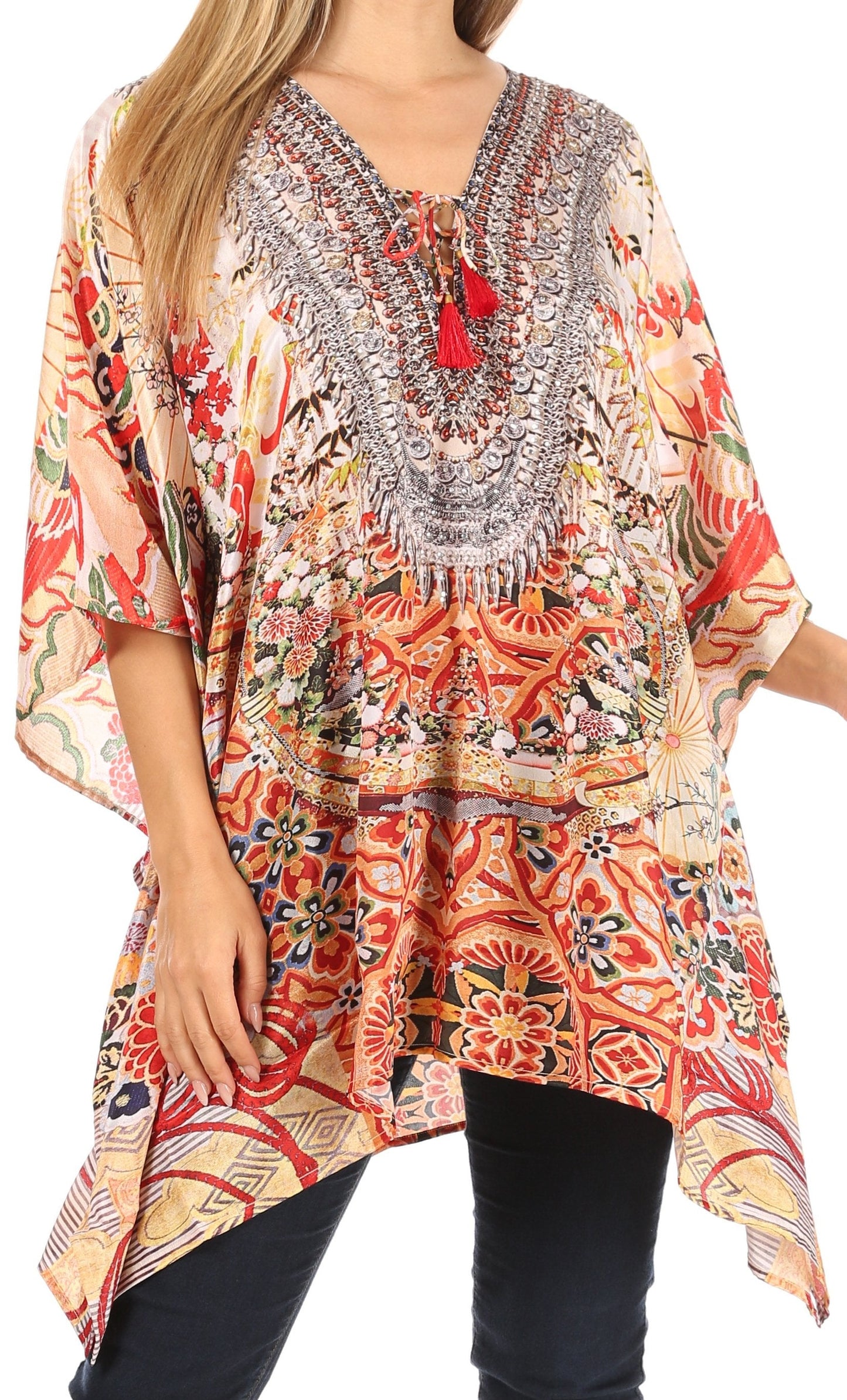 Stylish Rhinestone Lace-Up V-Neck Women's Caftan Poncho Cover-Up by Sakkas Aymee - Concordia Style Boutique