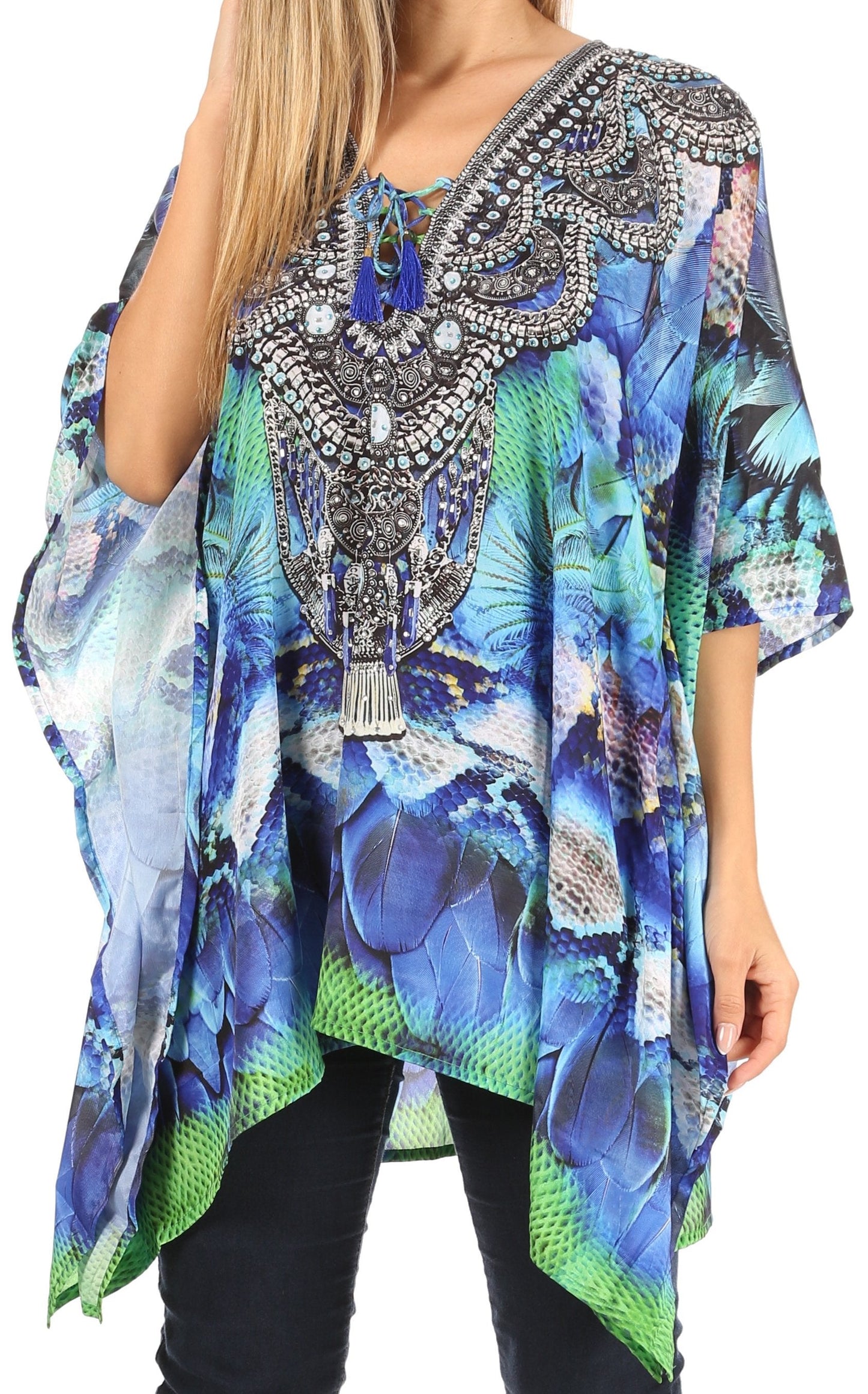 Stylish Rhinestone Lace-Up V-Neck Women's Caftan Poncho Cover-Up by Sakkas Aymee - Concordia Style Boutique