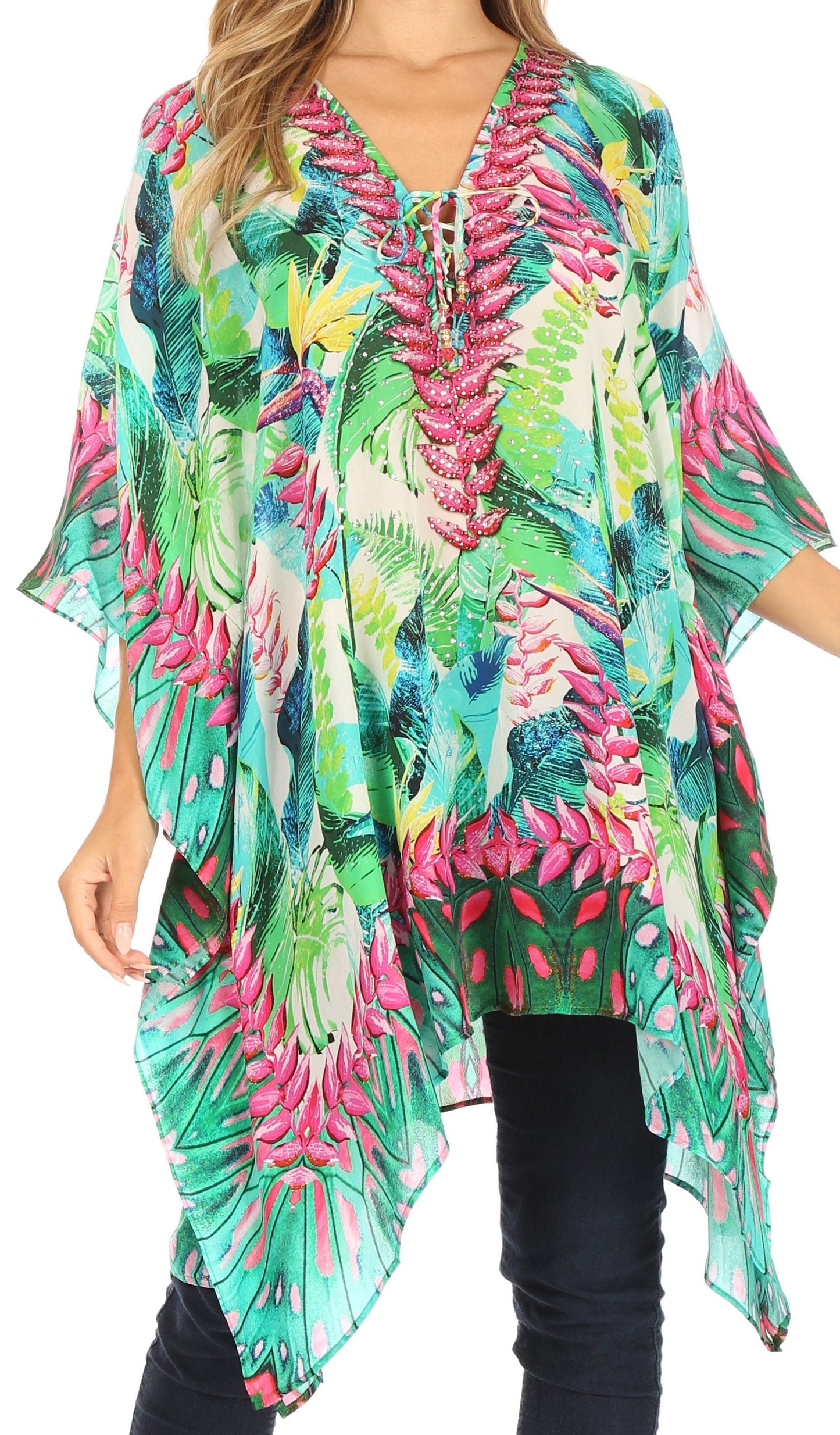 Stylish Rhinestone Lace-Up V-Neck Women's Caftan Poncho Cover-Up by Sakkas Aymee - Concordia Style Boutique