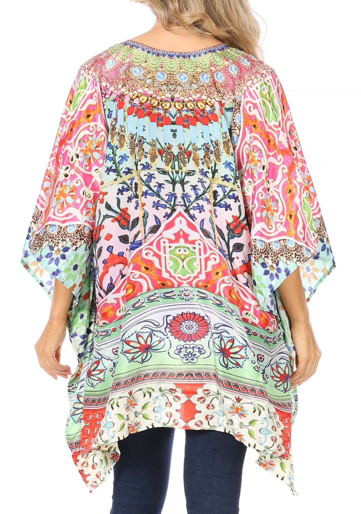 Stylish Rhinestone Lace-Up V-Neck Women's Caftan Poncho Cover-Up by Sakkas Aymee - Concordia Style Boutique