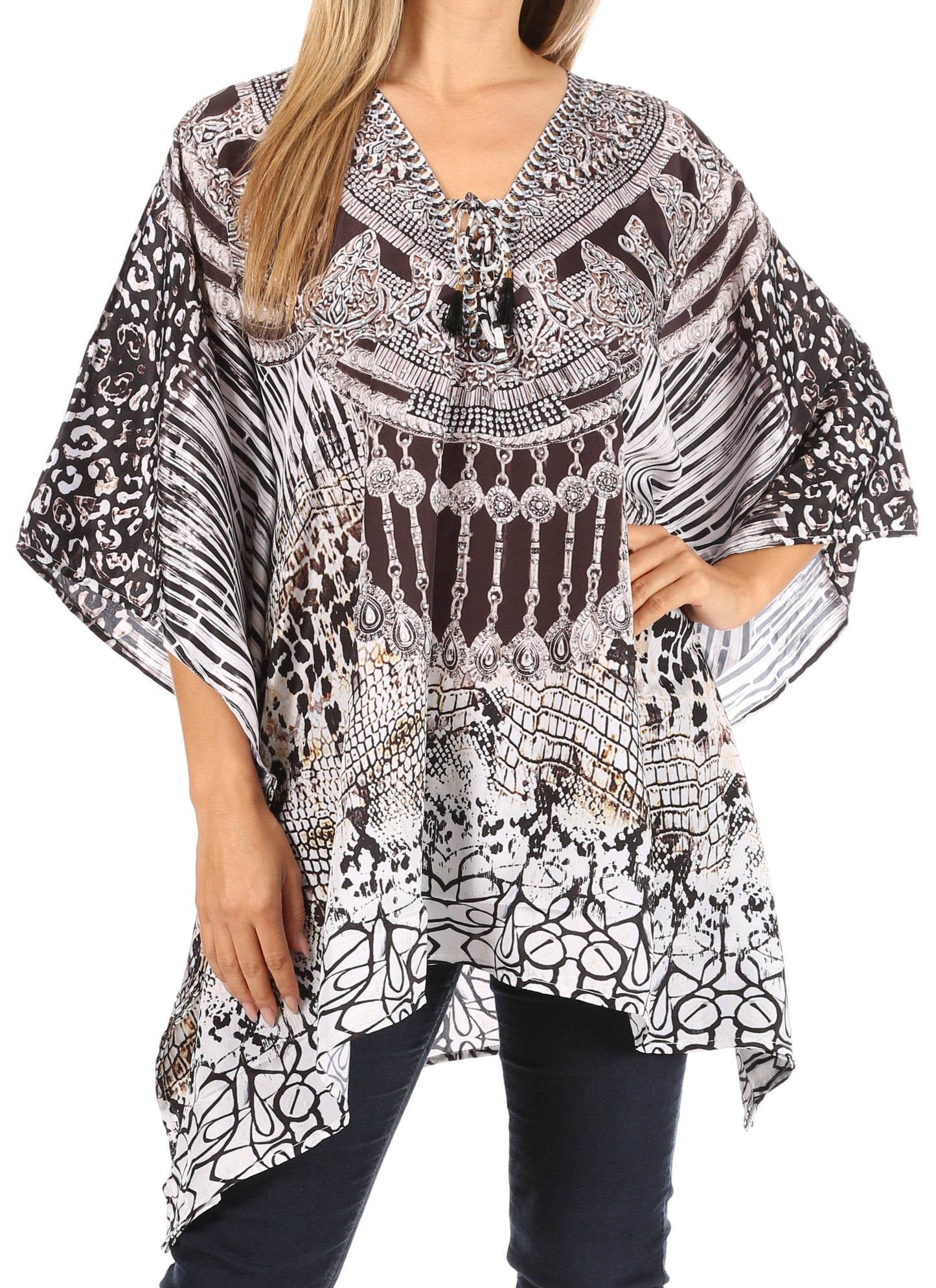 Stylish Rhinestone Lace-Up V-Neck Women's Caftan Poncho Cover-Up by Sakkas Aymee - Concordia Style Boutique