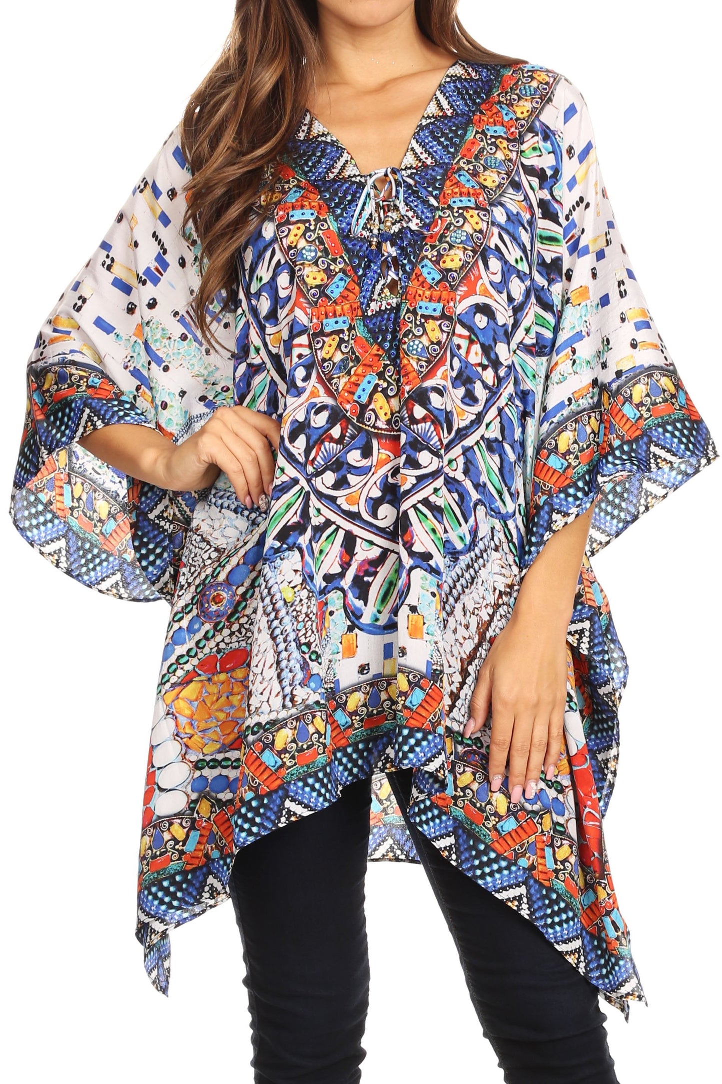 Stylish Rhinestone Lace-Up V-Neck Women's Caftan Poncho Cover-Up by Sakkas Aymee - Concordia Style Boutique