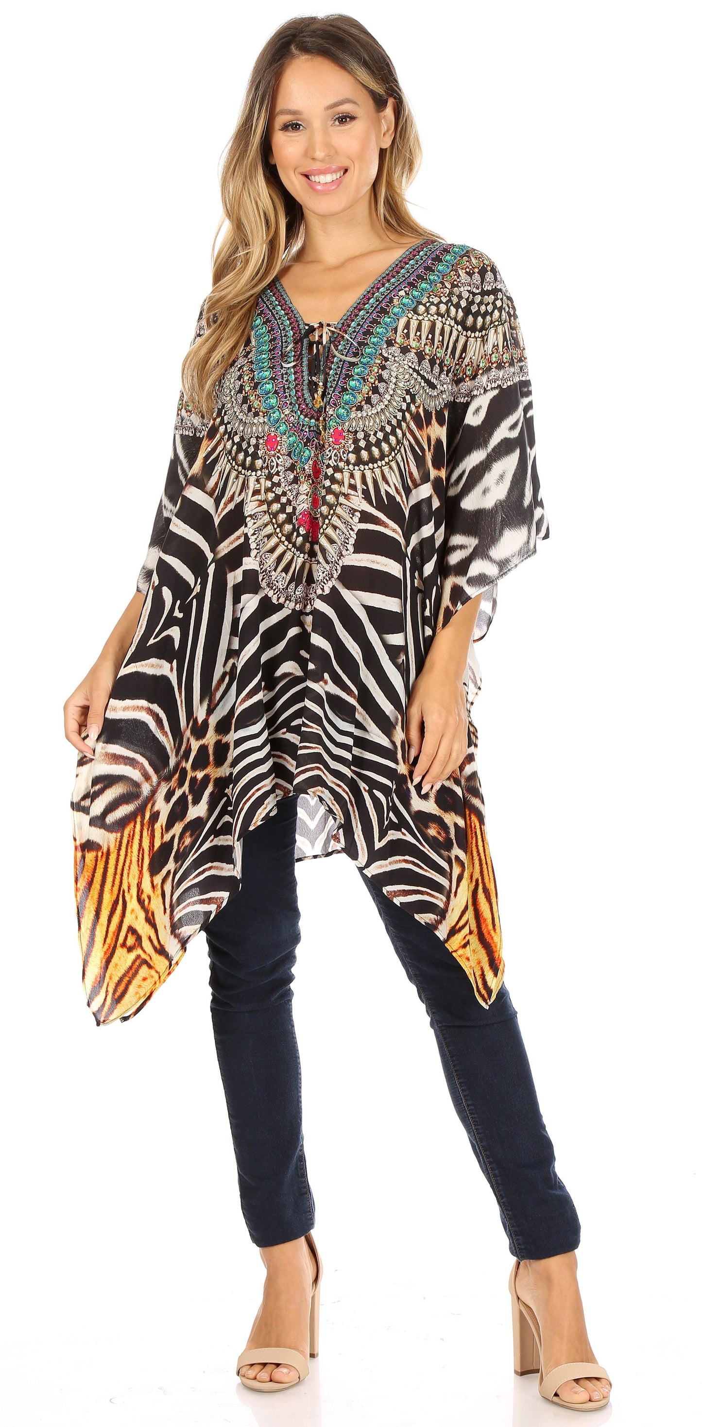 Stylish Rhinestone Lace-Up V-Neck Women's Caftan Poncho Cover-Up by Sakkas Aymee - Concordia Style Boutique