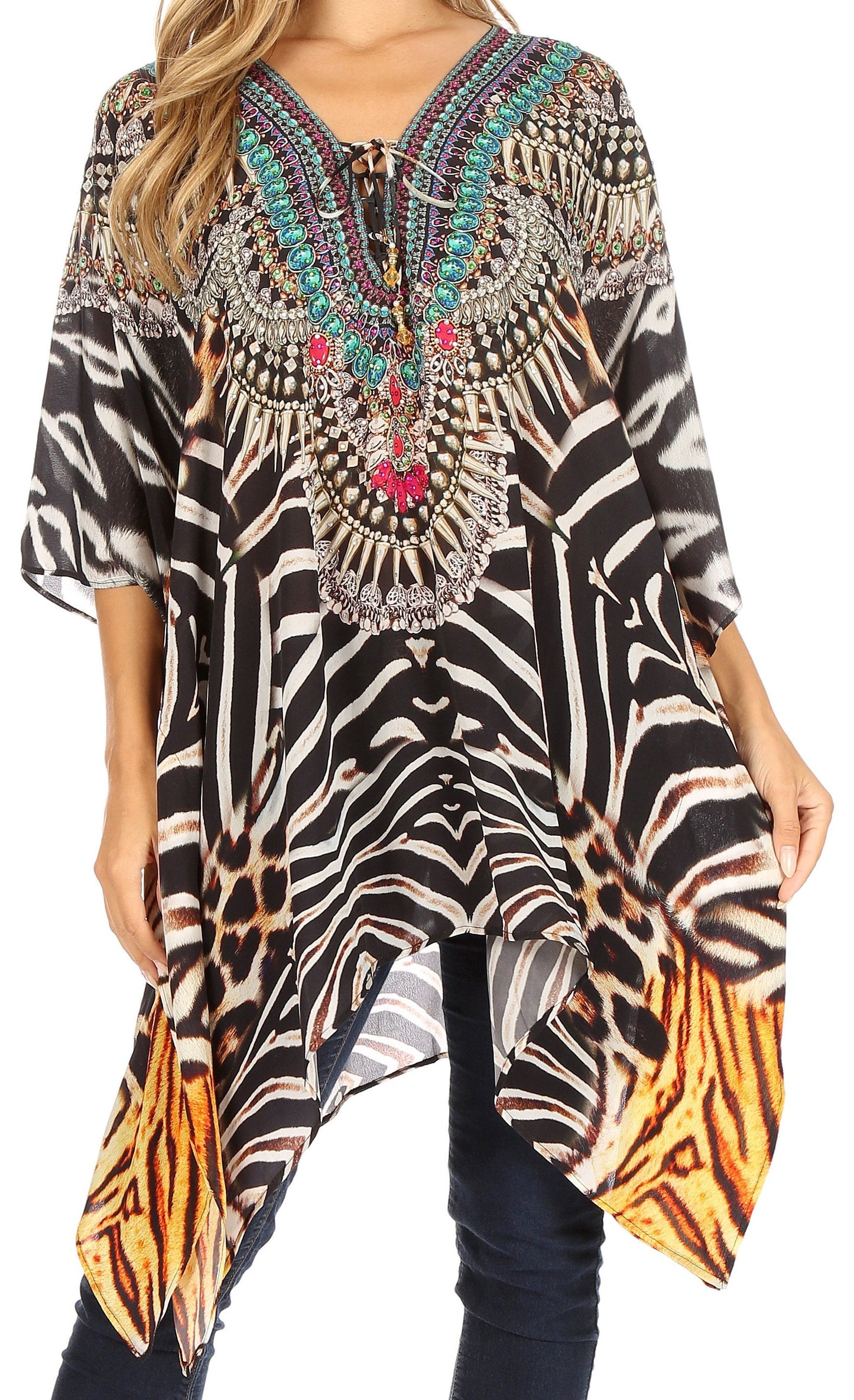 Stylish Rhinestone Lace-Up V-Neck Women's Caftan Poncho Cover-Up by Sakkas Aymee - Concordia Style Boutique