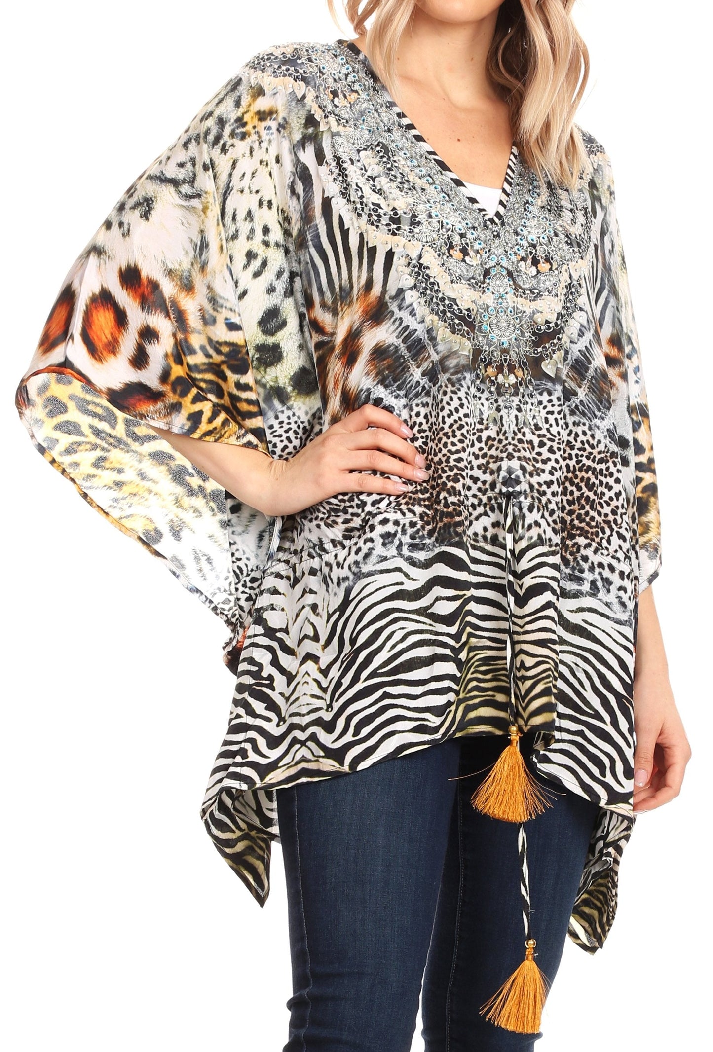 Sakkas Danis Women's Oversized Casual Pullover V-neck Short Sleeve Boho Top Blouse - Concordia Style Boutique