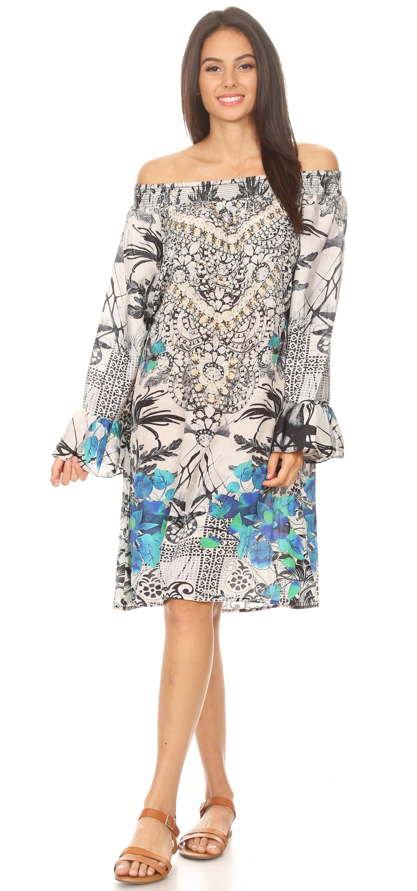 Sakkas Riza Women's Off Shoulder Long Sleeve Tunic Shirt Short Dress with Print - Concordia Style Boutique