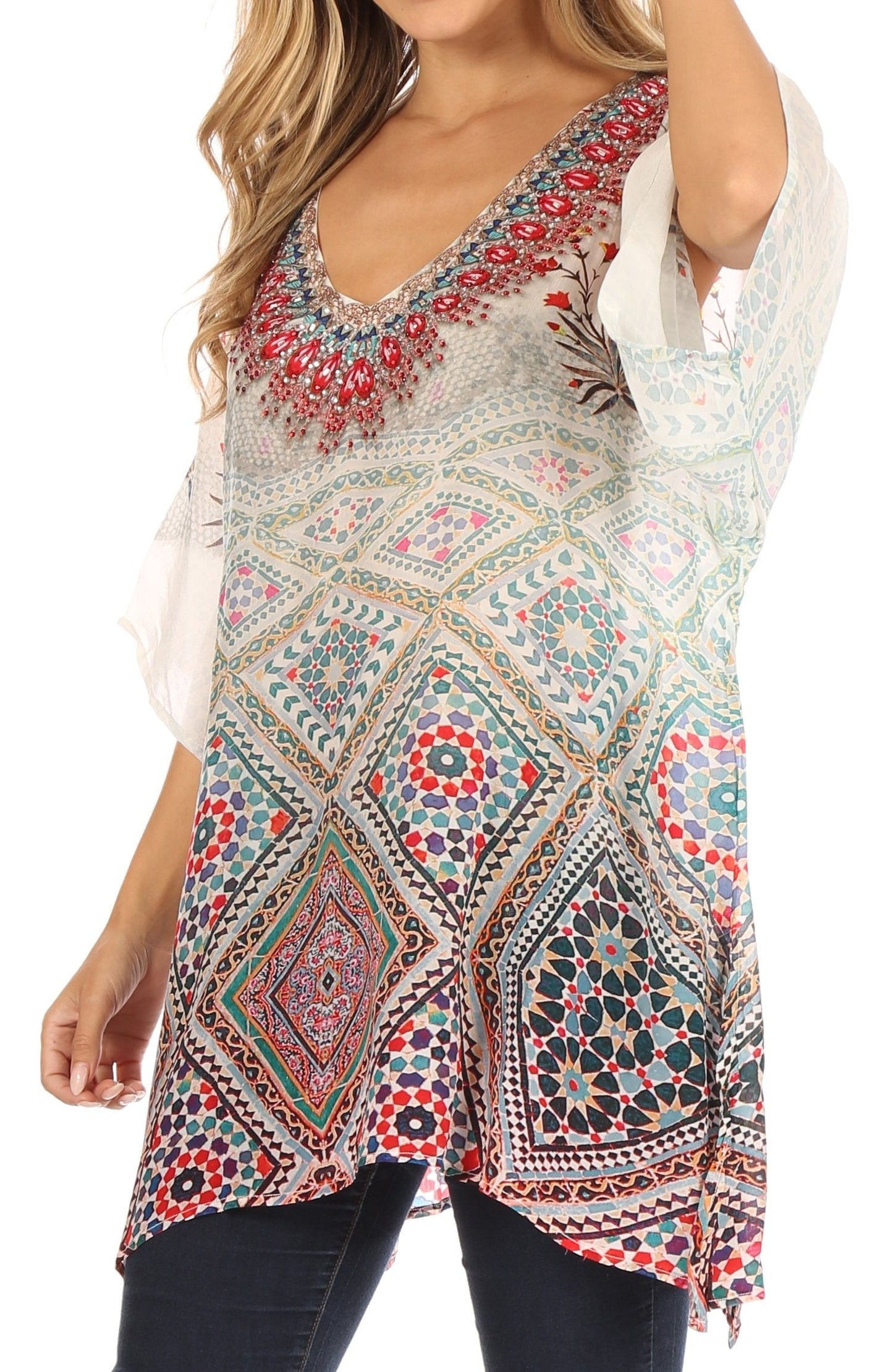 Sakkas Tanya Women's Short Sleeve Floral Print Loose Blouse Tunic V-neck Silky - Concordia Style Boutique