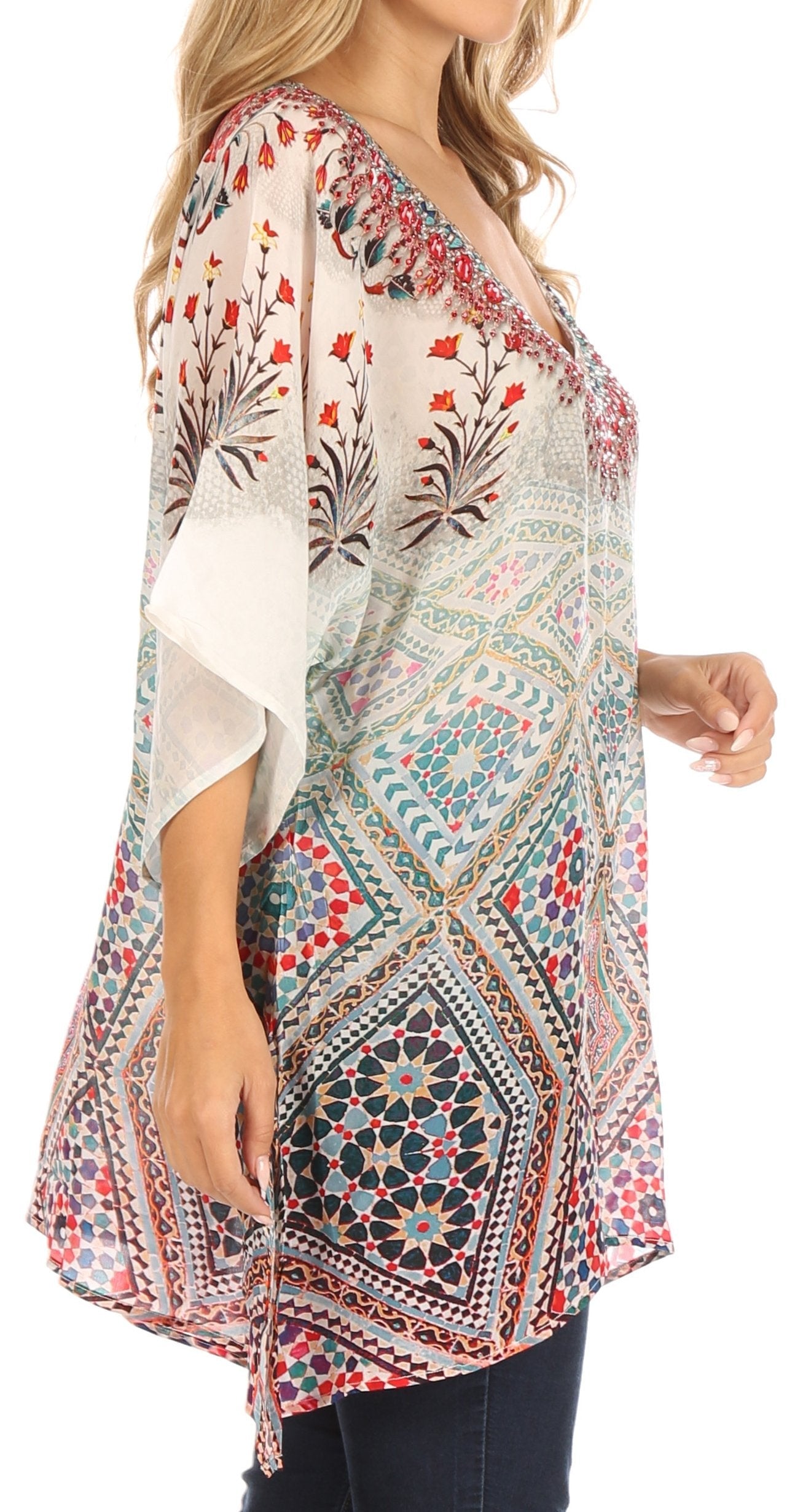 Sakkas Tanya Women's Short Sleeve Floral Print Loose Blouse Tunic V-neck Silky - Concordia Style Boutique