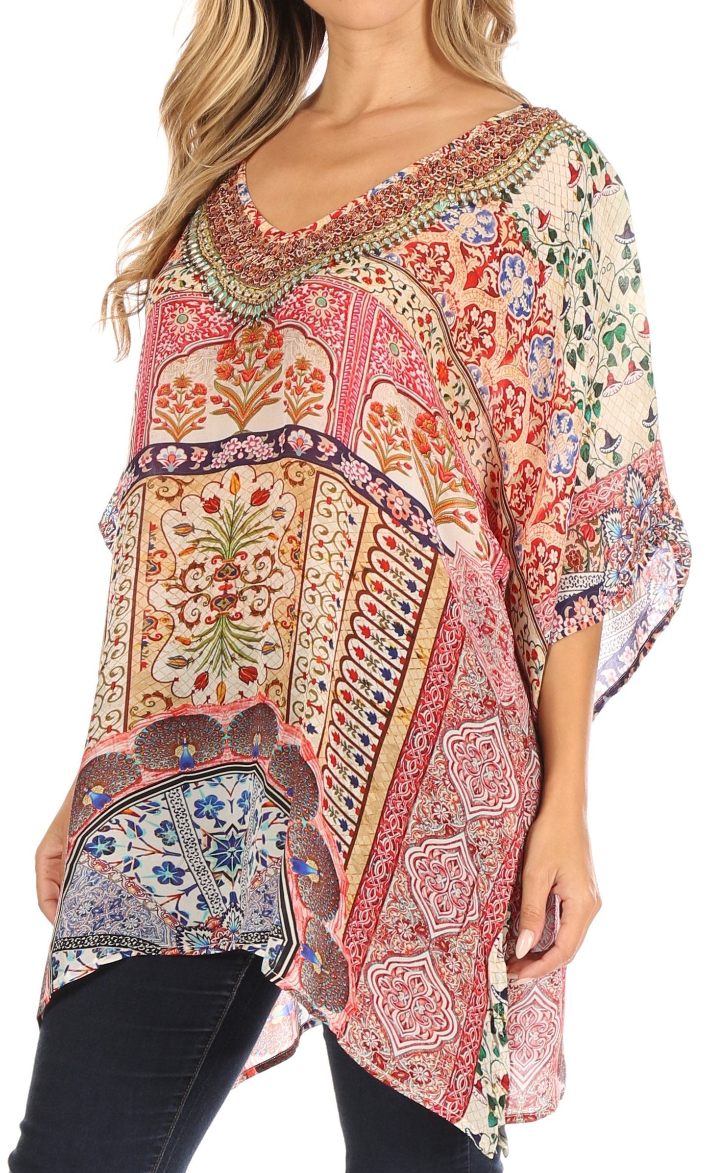 Sakkas Tanya Women's Short Sleeve Floral Print Loose Blouse Tunic V-neck Silky - Concordia Style Boutique