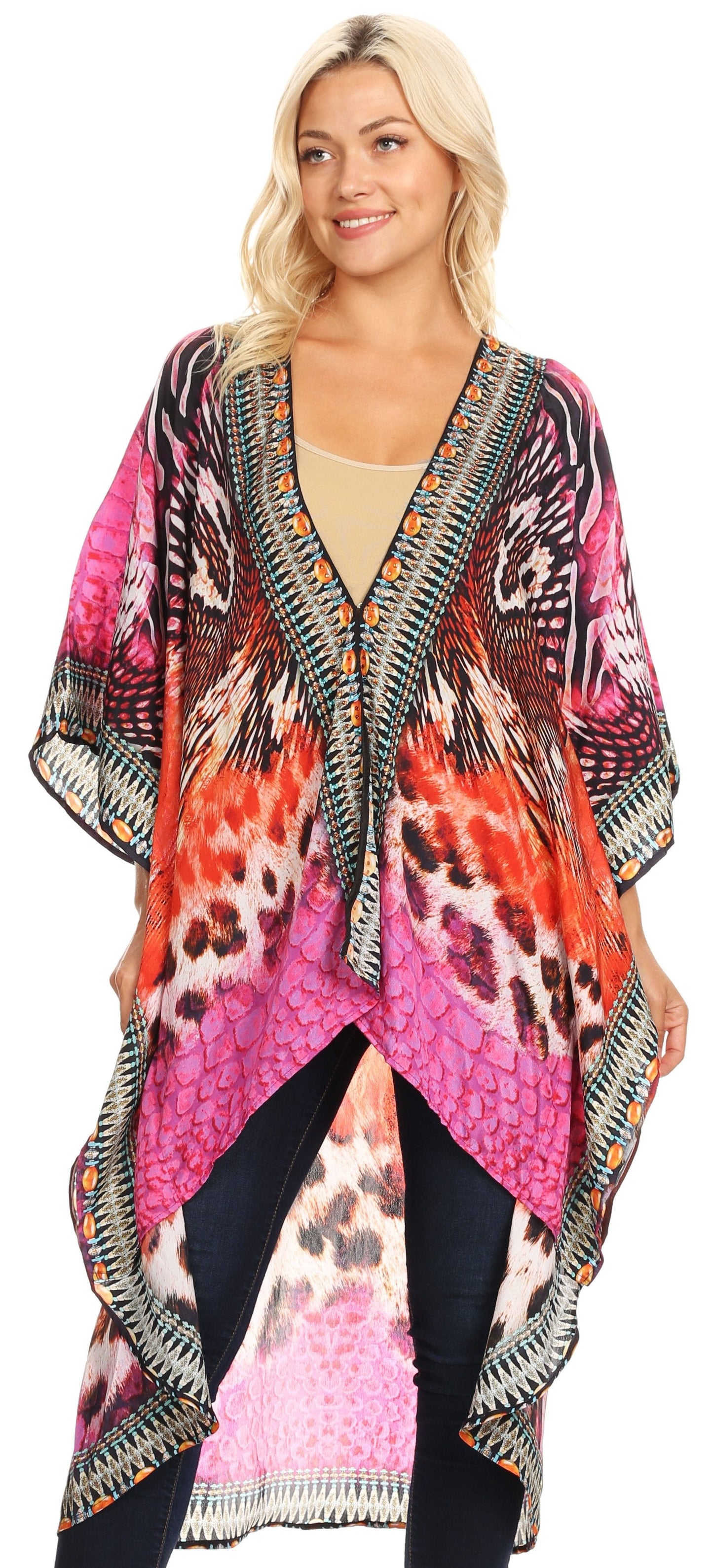 Sakkas Osiris Embellished Hi Low V-Neck Clasp Beach Cover-Up Kimono Kaftan Tunic - Concordia Style Boutique