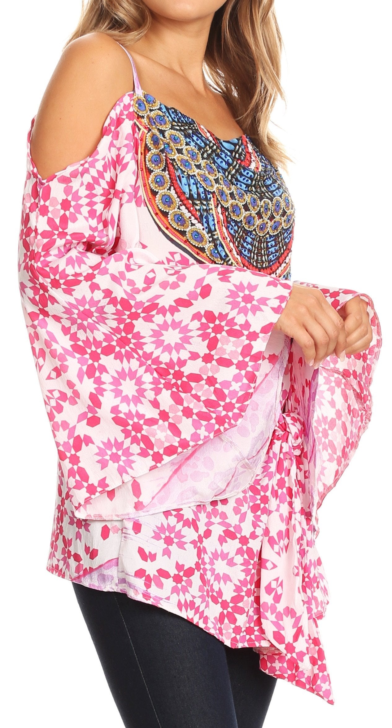 Sakkas Bosede Off Shoulder Bell Sleeve Casual Top Blouse w/Print and Rhimestones - Concordia Style Boutique