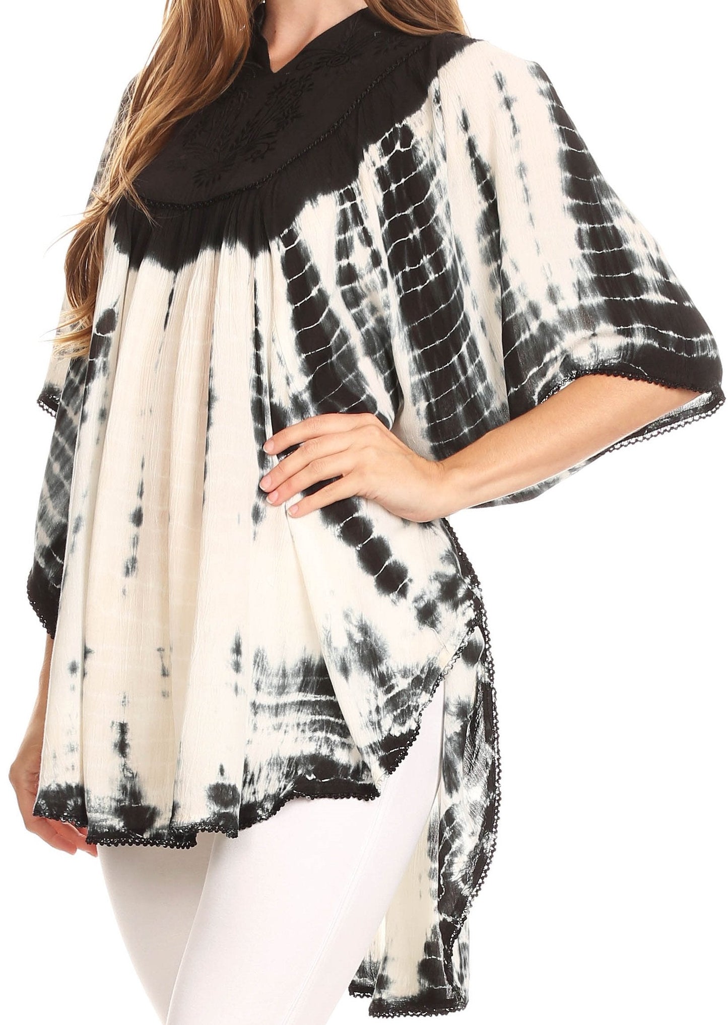 Sakkas Martina Delicate Embroidered Tie Dye Poncho Top / Cover Up - Concordia Style Boutique