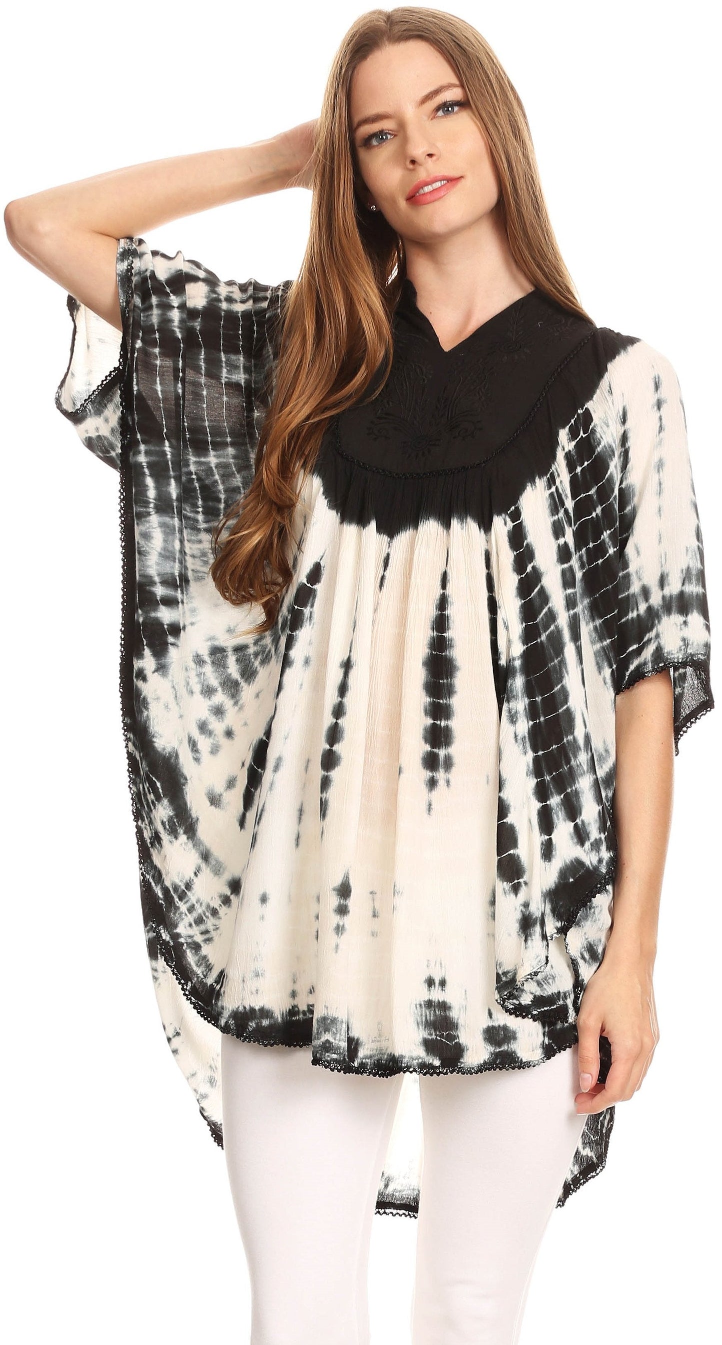 Sakkas Martina Delicate Embroidered Tie Dye Poncho Top / Cover Up - Concordia Style Boutique