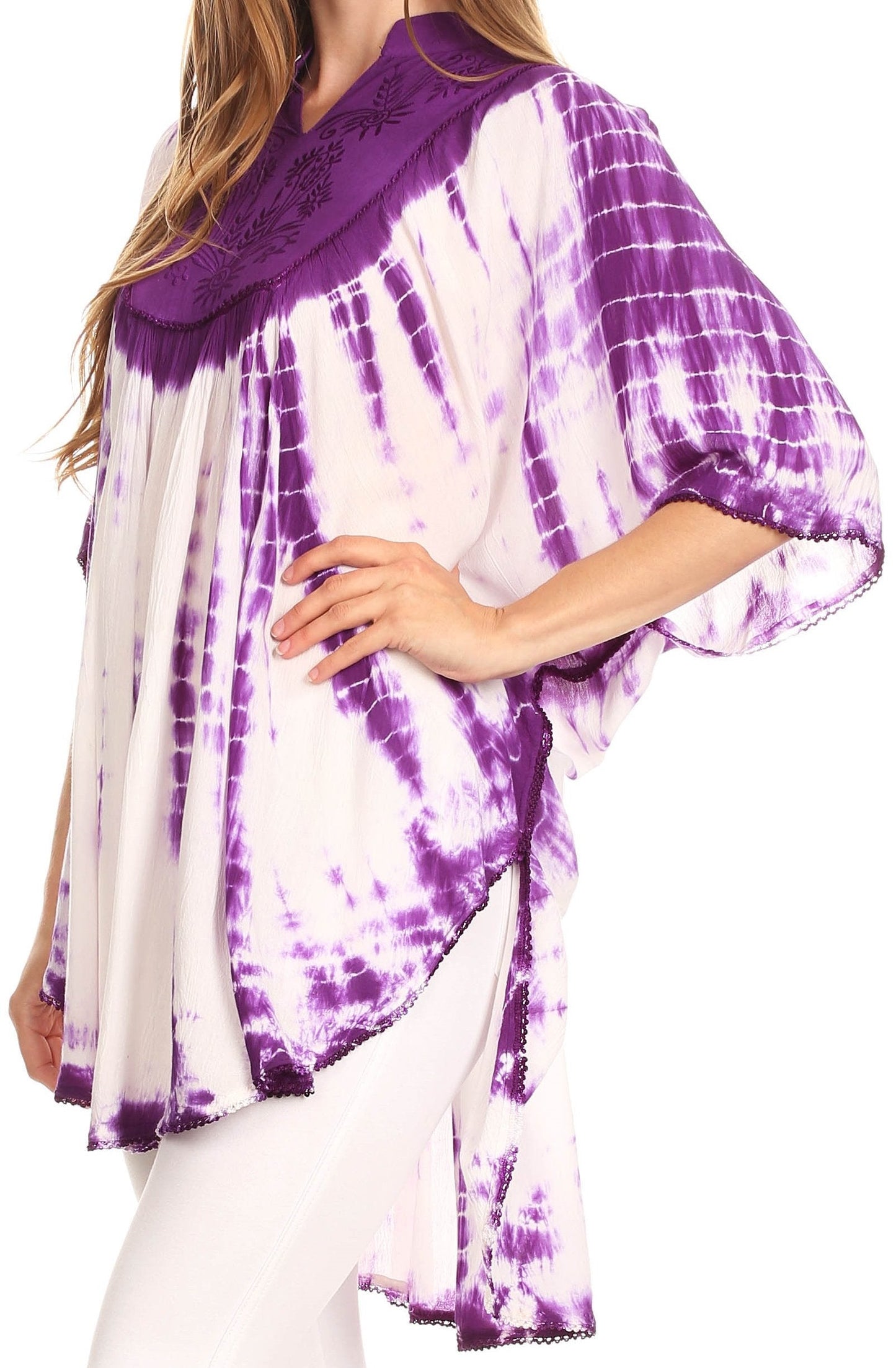 Sakkas Martina Delicate Embroidered Tie Dye Poncho Top / Cover Up - Concordia Style Boutique