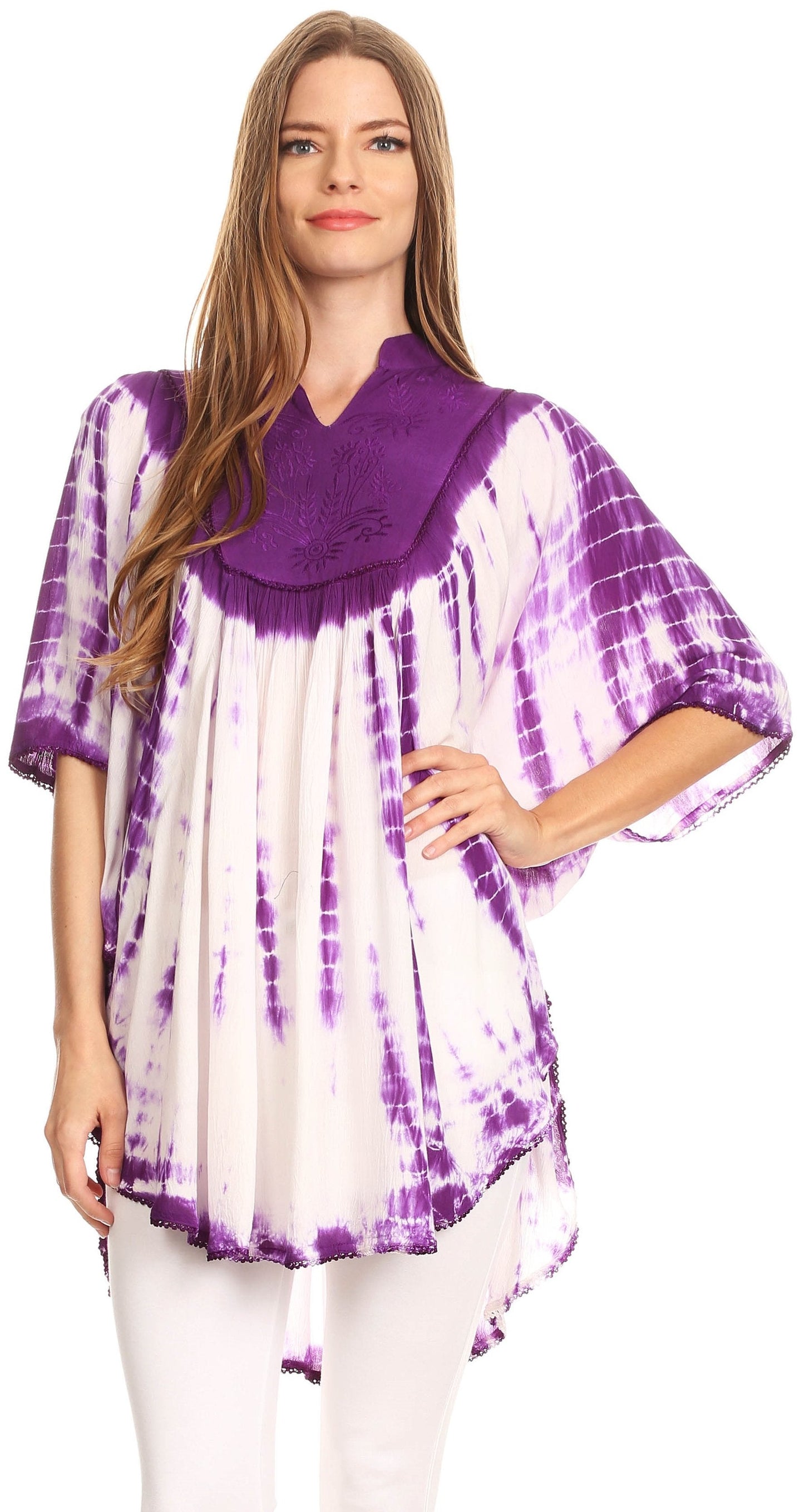 Sakkas Martina Delicate Embroidered Tie Dye Poncho Top / Cover Up - Concordia Style Boutique