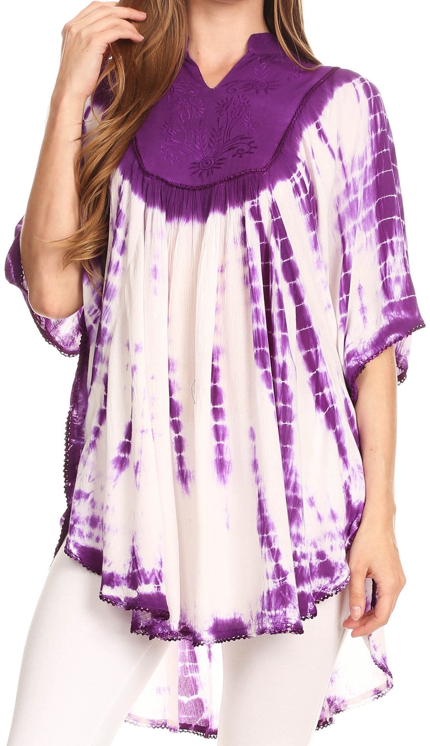 Sakkas Martina Delicate Embroidered Tie Dye Poncho Top / Cover Up - Concordia Style Boutique