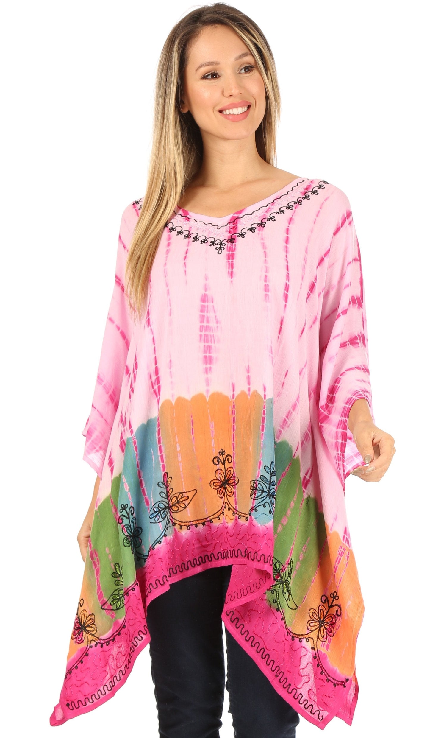 Sakkas Eliana Wide Long Tall Embroidered Tie Dye Ombre Batik Poncho Top Blouse - Concordia Style Boutique