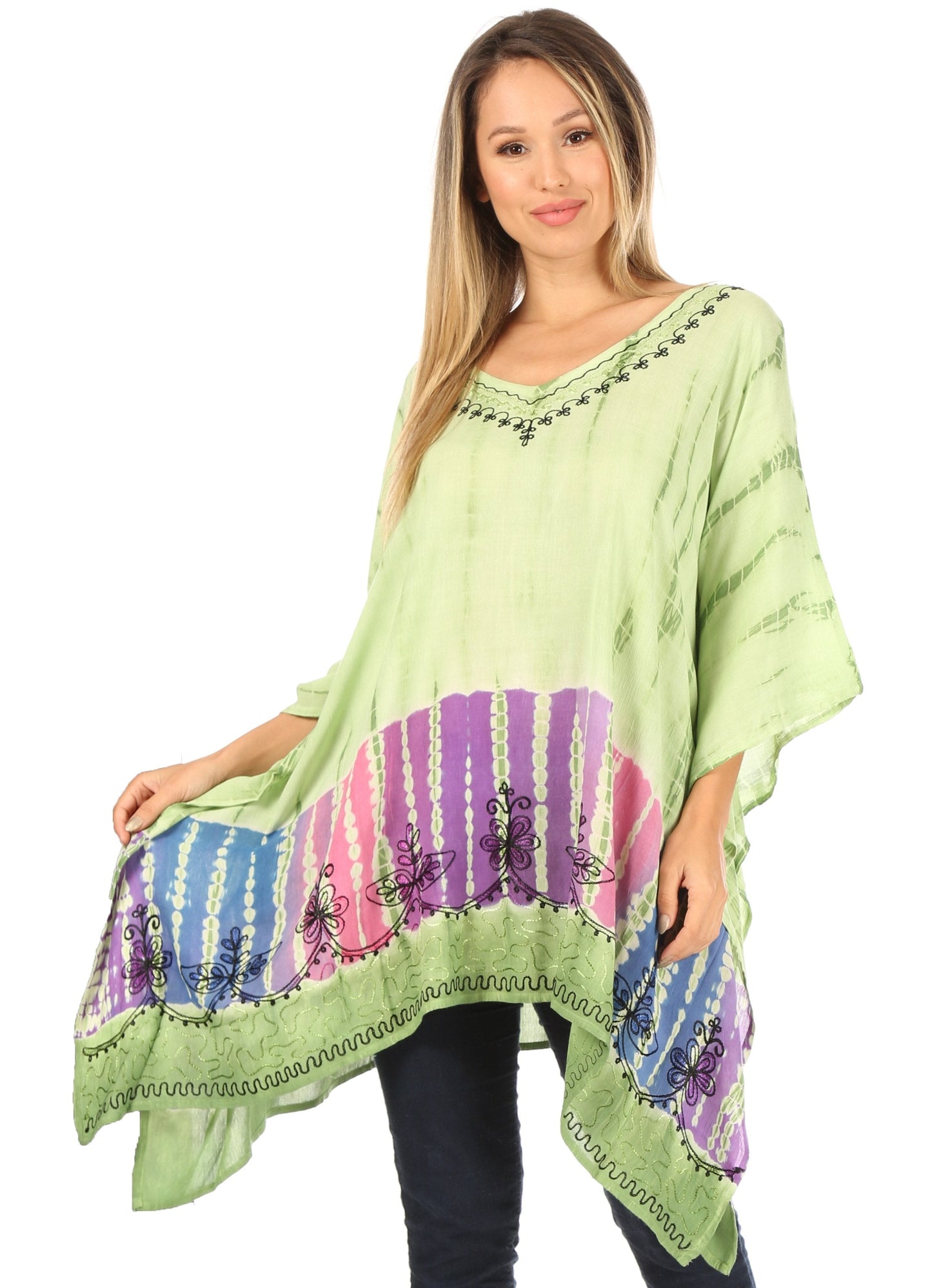 Sakkas Eliana Wide Long Tall Embroidered Tie Dye Ombre Batik Poncho Top Blouse - Concordia Style Boutique
