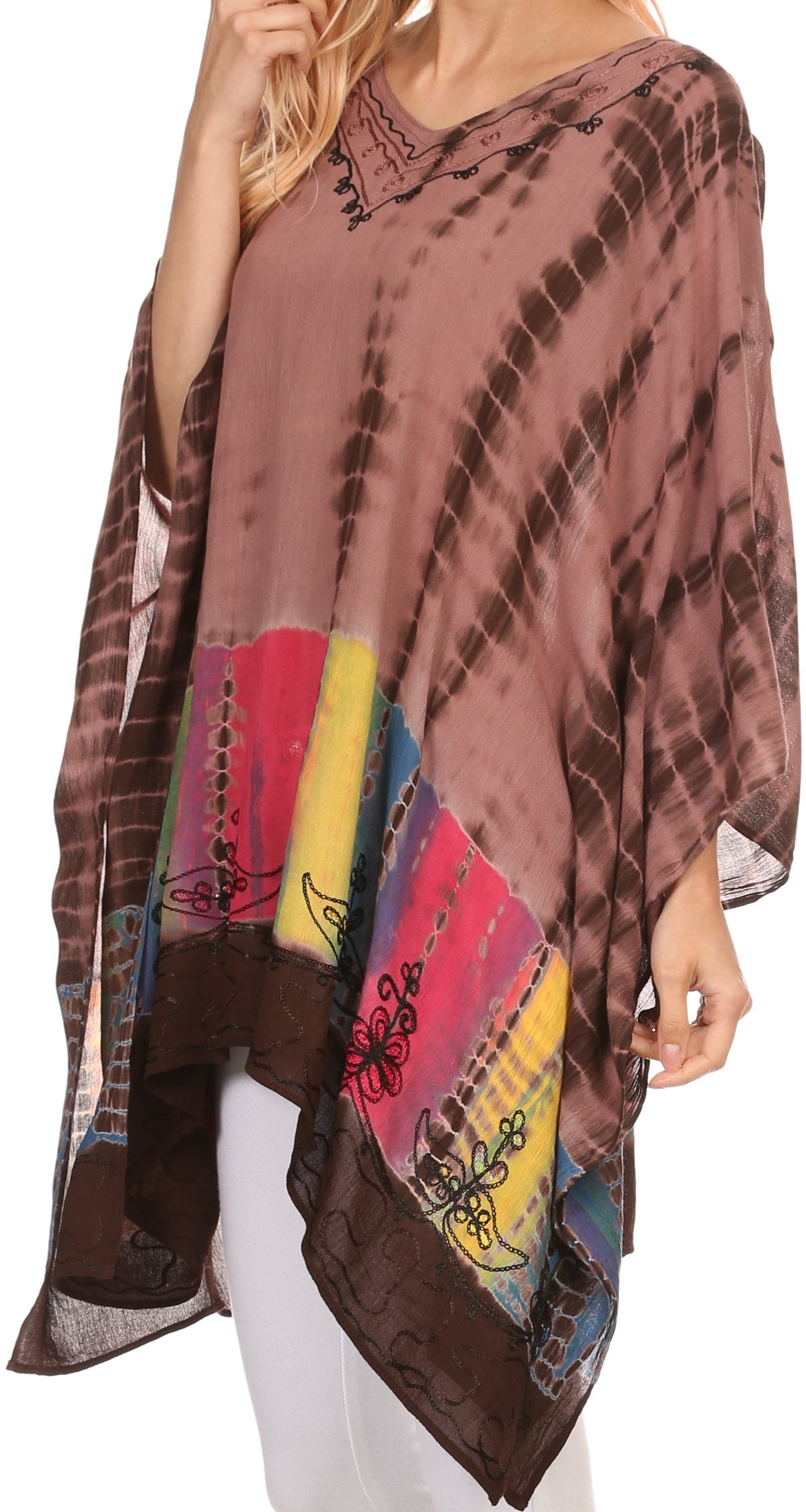 Sakkas Eliana Wide Long Tall Embroidered Tie Dye Ombre Batik Poncho Top Blouse - Concordia Style Boutique